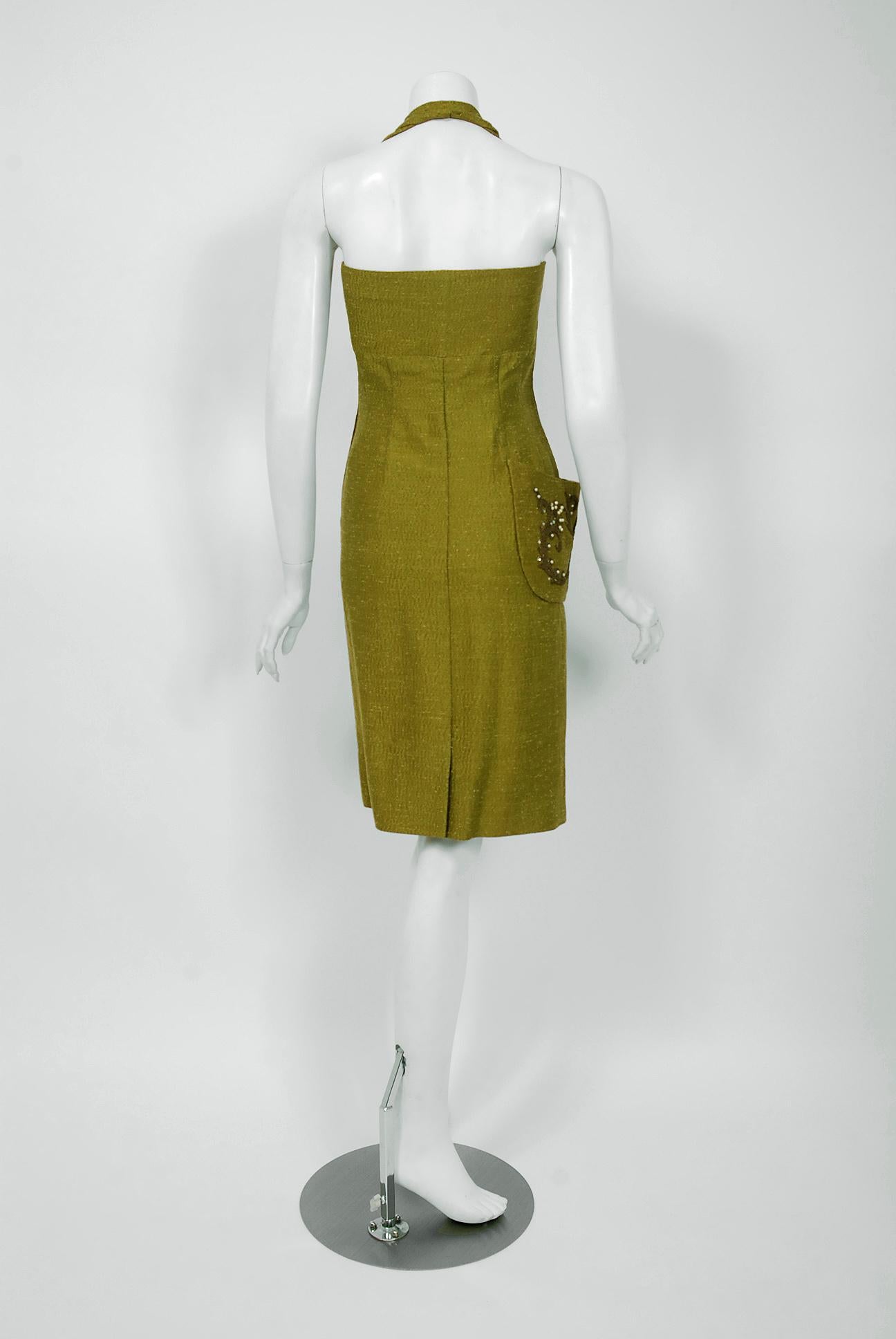 1954 Lilli-Ann Documented Olive Embroidered Jeweled Silk Halter Cocktail Dress 3