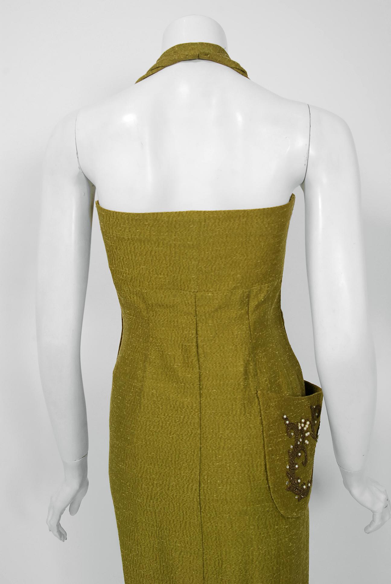 1954 Lilli-Ann Documented Olive Embroidered Jeweled Silk Halter Cocktail Dress 4