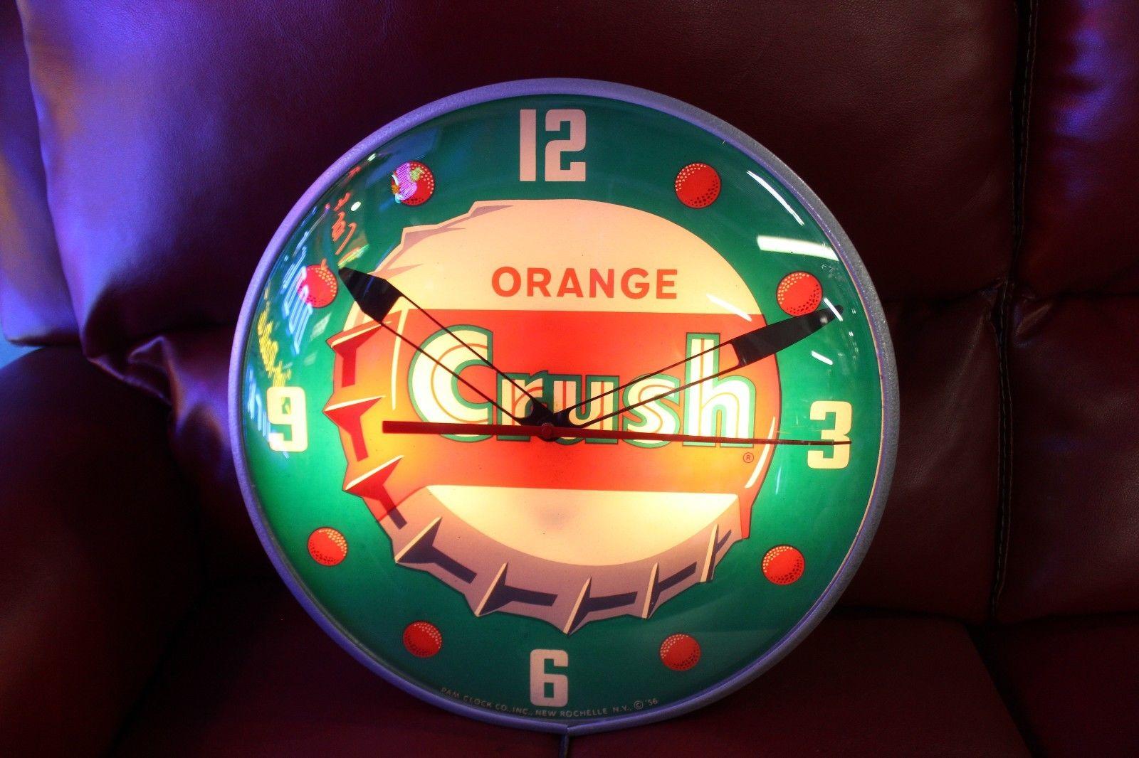 American 1956 Orange Crush Soda Advertising Glass PAM Clock For Sale
