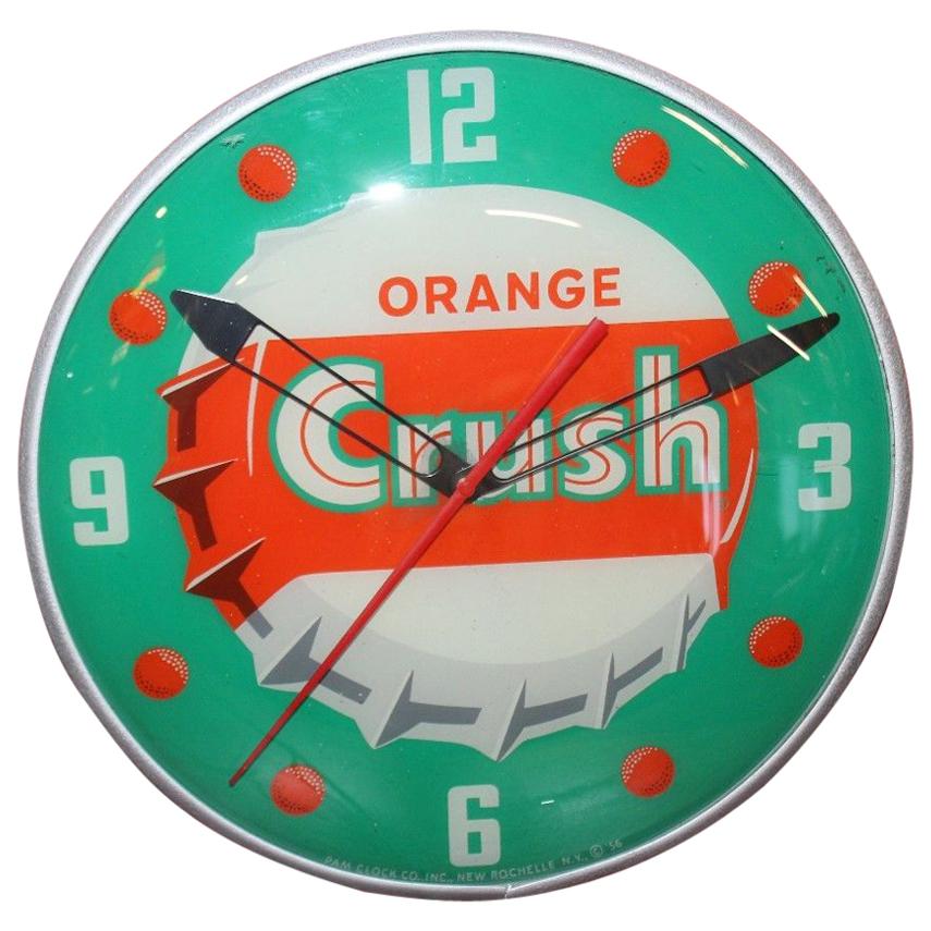 1956 Orange Crush Soda Advertising Glass PAM Clock For Sale