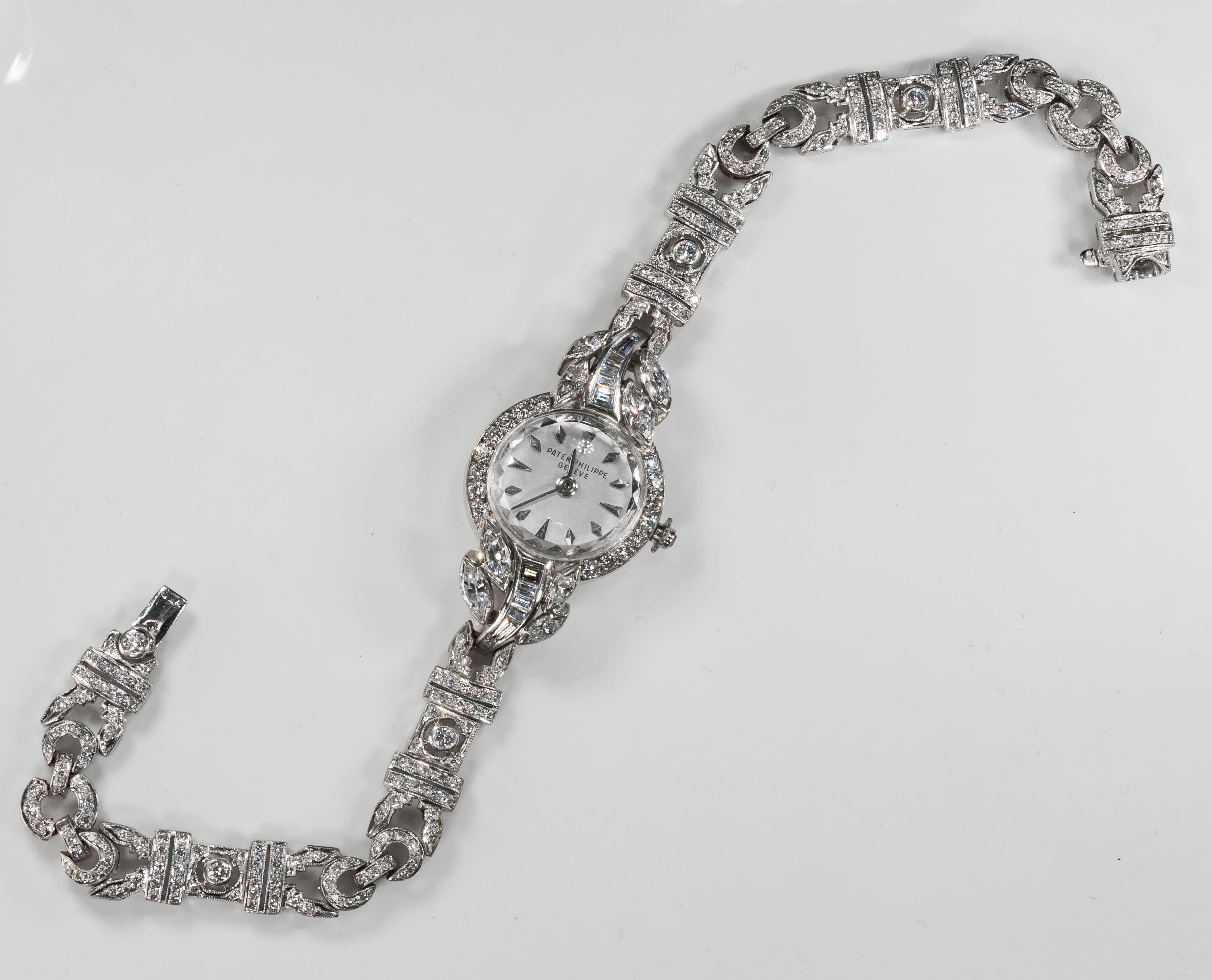 1956 Patek Philippe Platinum Diamond Egyptian Revival Style Bracelet Watch 3