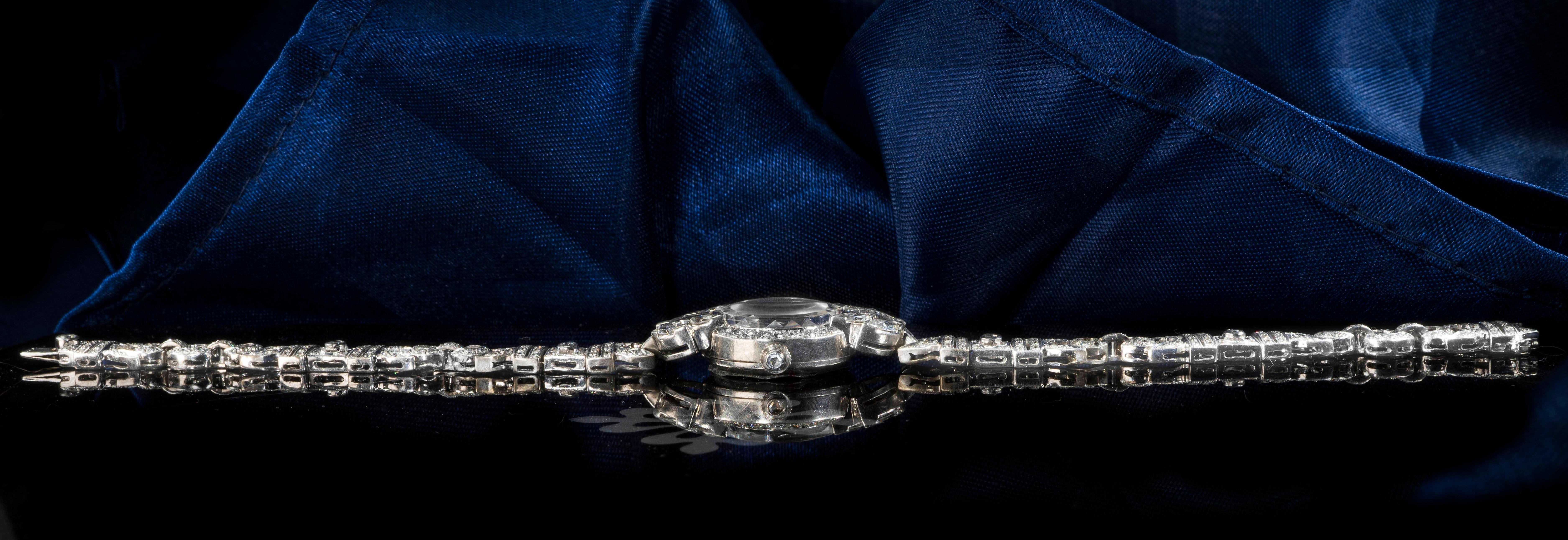 1956 Patek Philippe Platinum Diamond Egyptian Revival Style Bracelet Watch 4