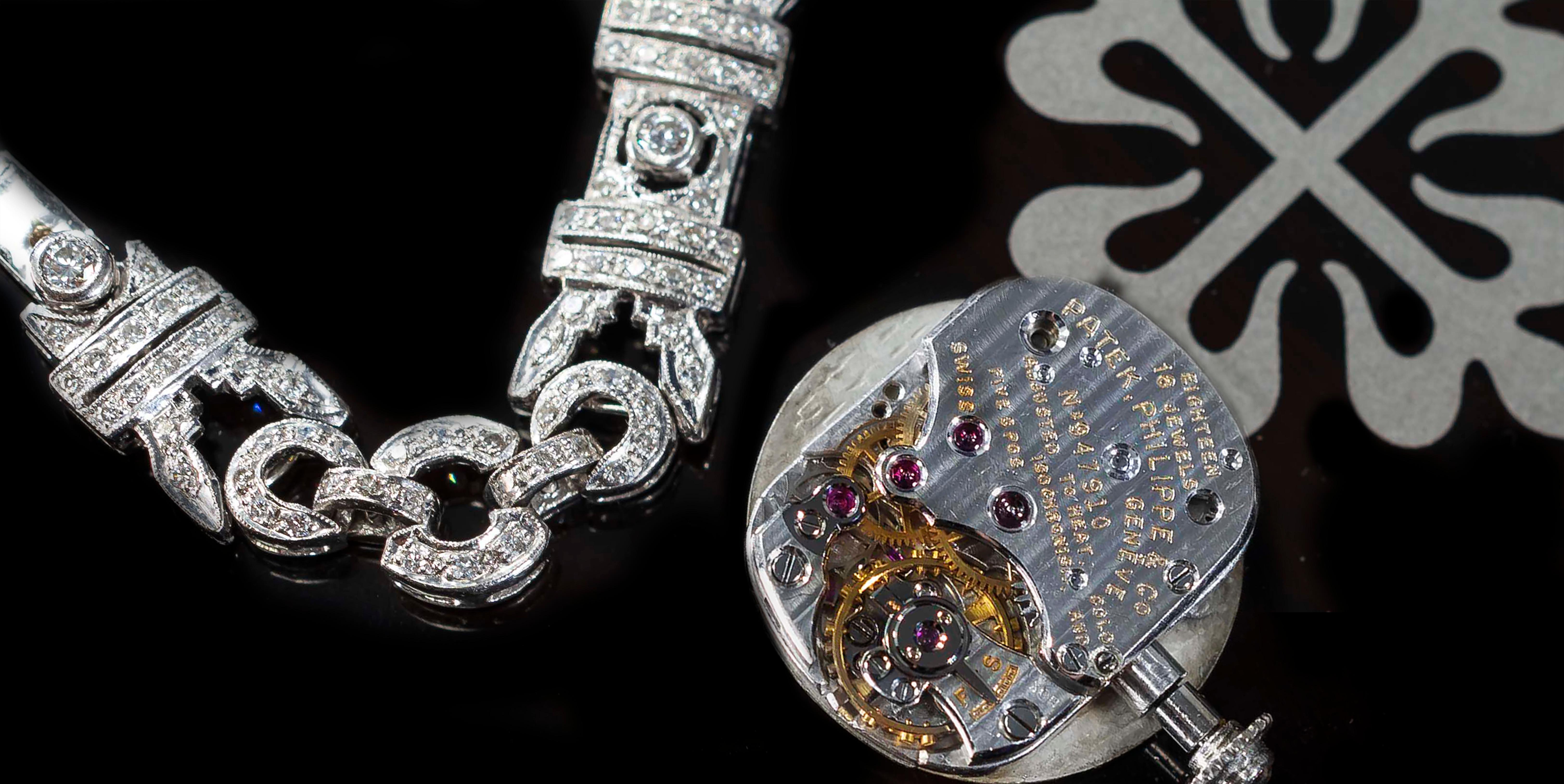 1956 Patek Philippe Platinum Diamond Egyptian Revival Style Bracelet Watch 5