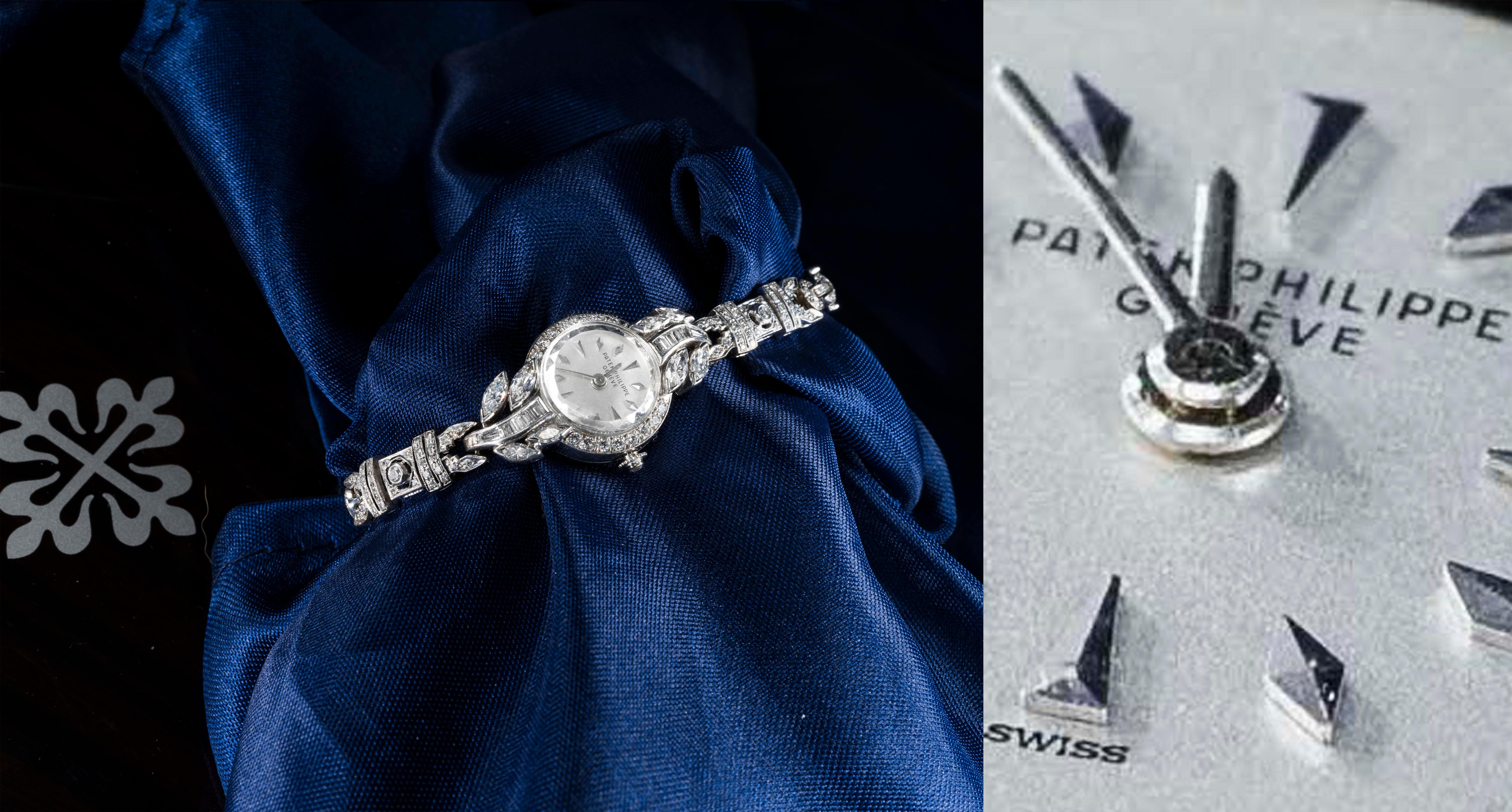 1956 Patek Philippe Platinum Diamond Egyptian Revival Style Bracelet Watch 7