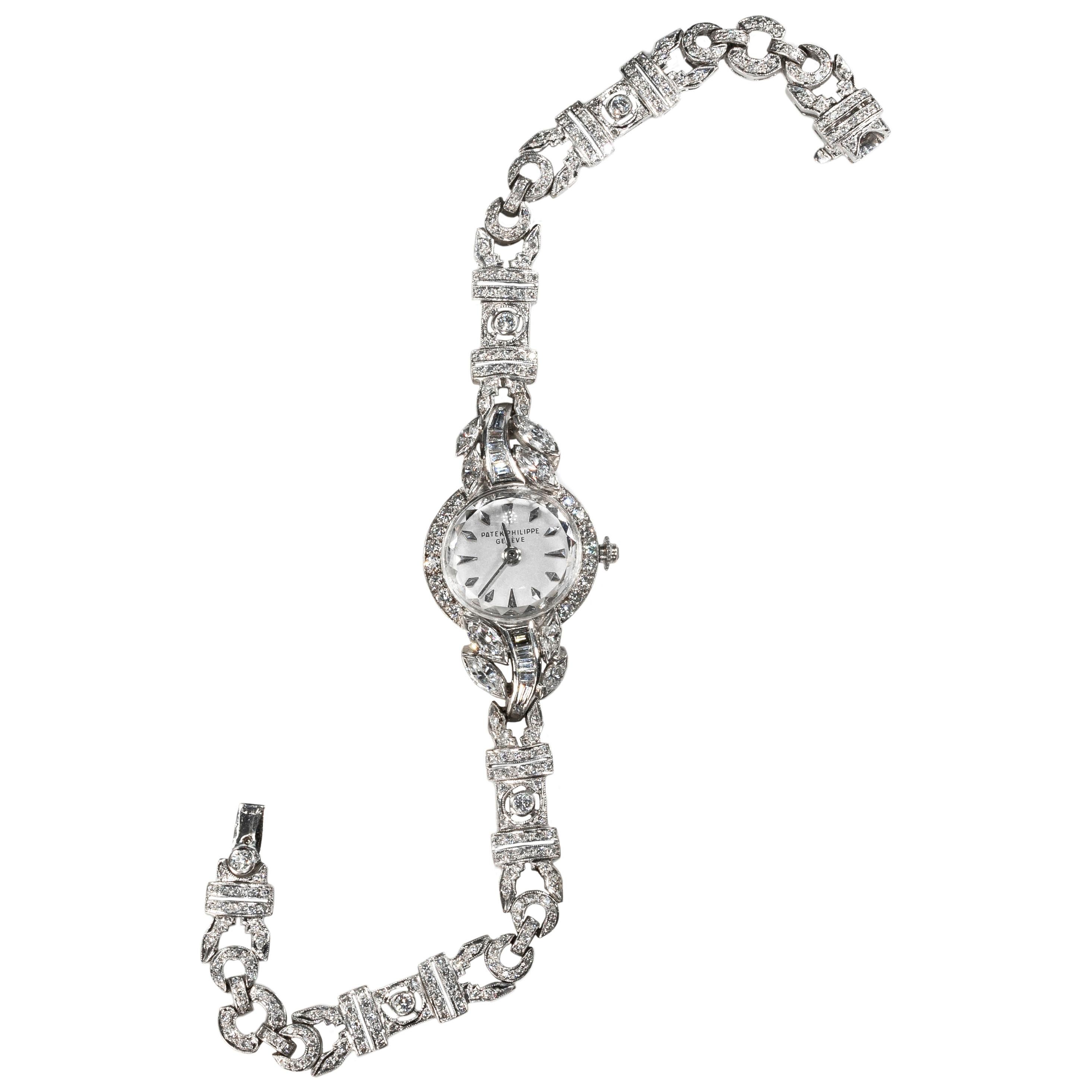 1956 Patek Philippe Platinum Diamond Egyptian Revival Style Bracelet Watch