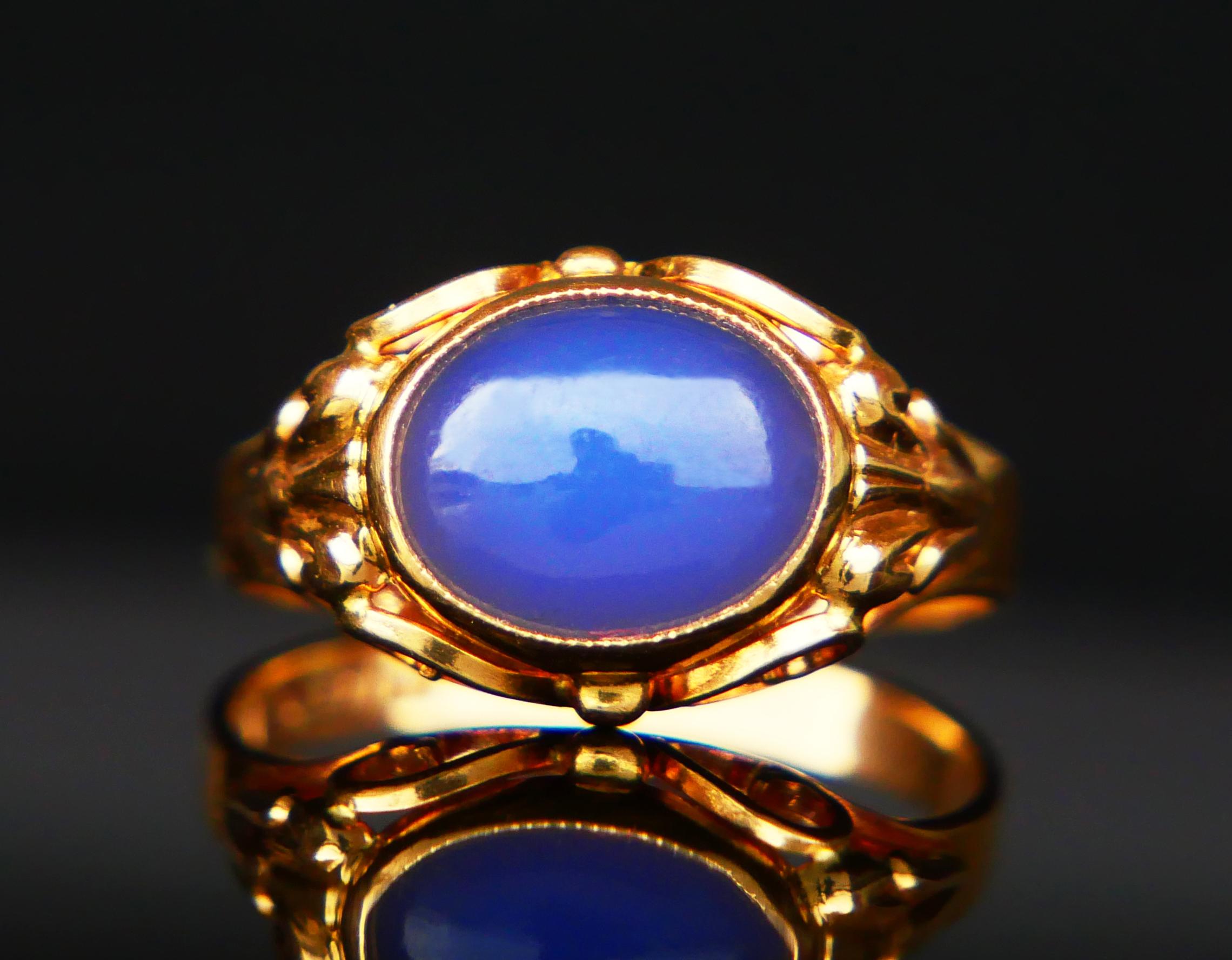 Retro 1956 Ring natural 3ct Blue Chalcedony solid 18K Gold Ø 5.75 US / 2.8 gr For Sale