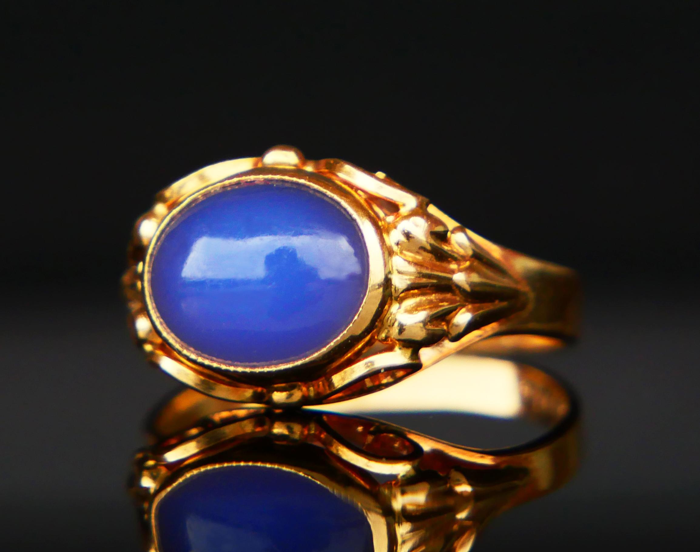 Cabochon 1956 Ring natural 3ct Blue Chalcedony solid 18K Gold Ø 5.75 US / 2.8 gr For Sale