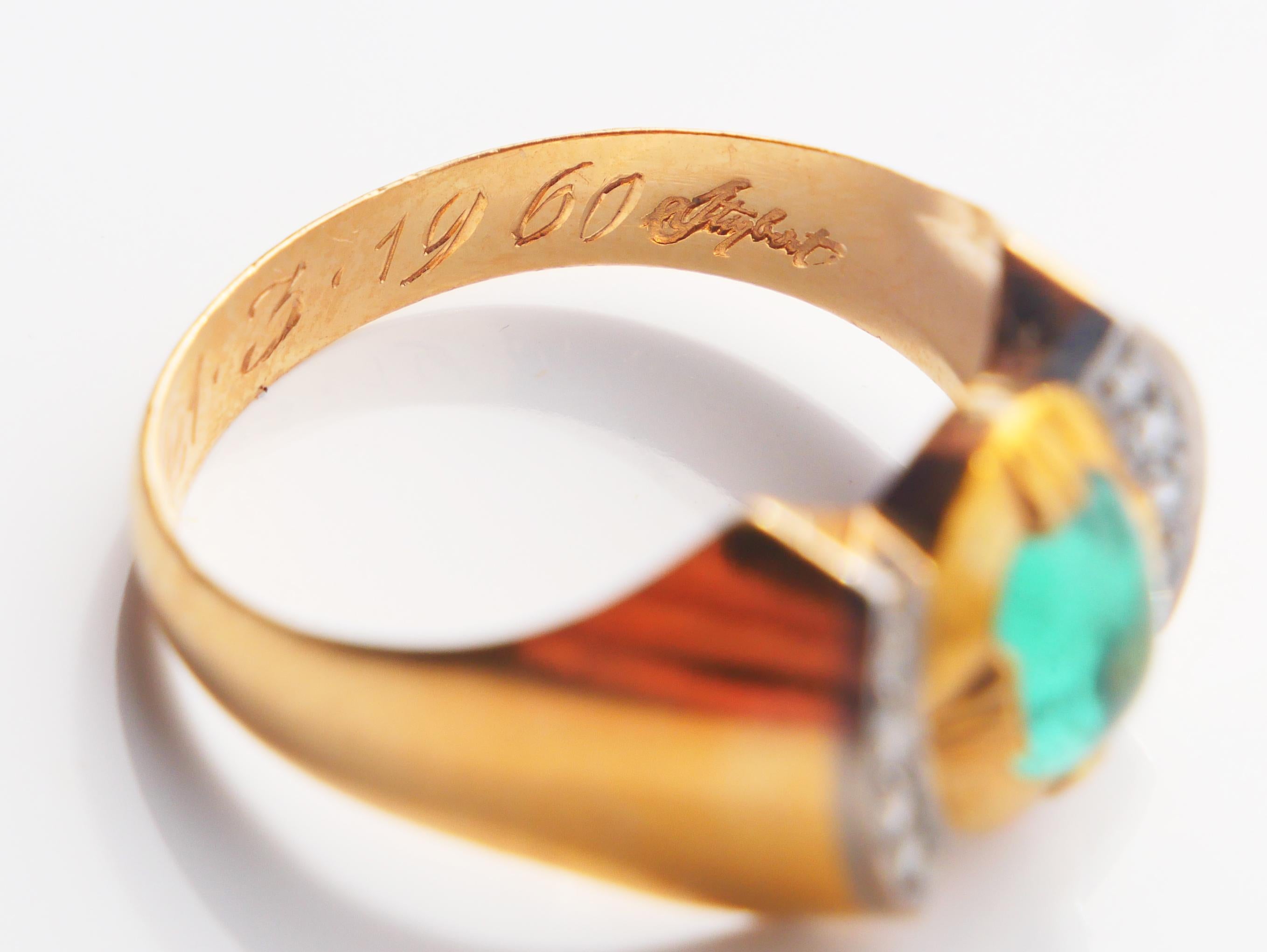 1956 Ring natural 1ct. Emerald 8 Diamonds solid 18K Ø 7.5US / 4.4 gr For Sale 8