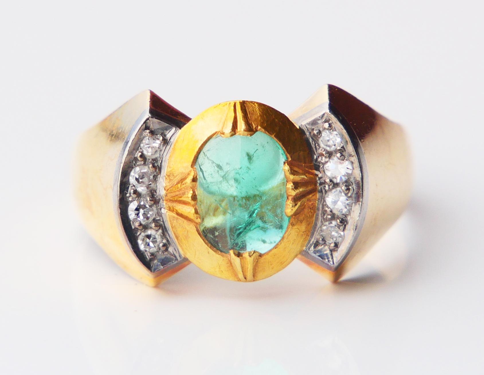 intage Emerald and Diamond ring in solid 18ct Gold with bezel's top in Platinum / or White Gold. Higher (20-23K)  grade Gold central bezel with natural bright Green Emerald stone 7 mm x 5.5 mm x 3.5 mm / ca. 1 ct accented with 8 pave set old
