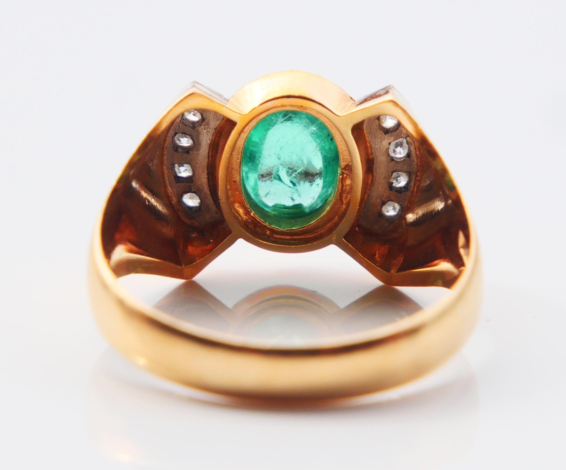 Cabochon 1956 Ring natural 1ct. Emerald 8 Diamonds solid 18K Ø 7.5US / 4.4 gr For Sale