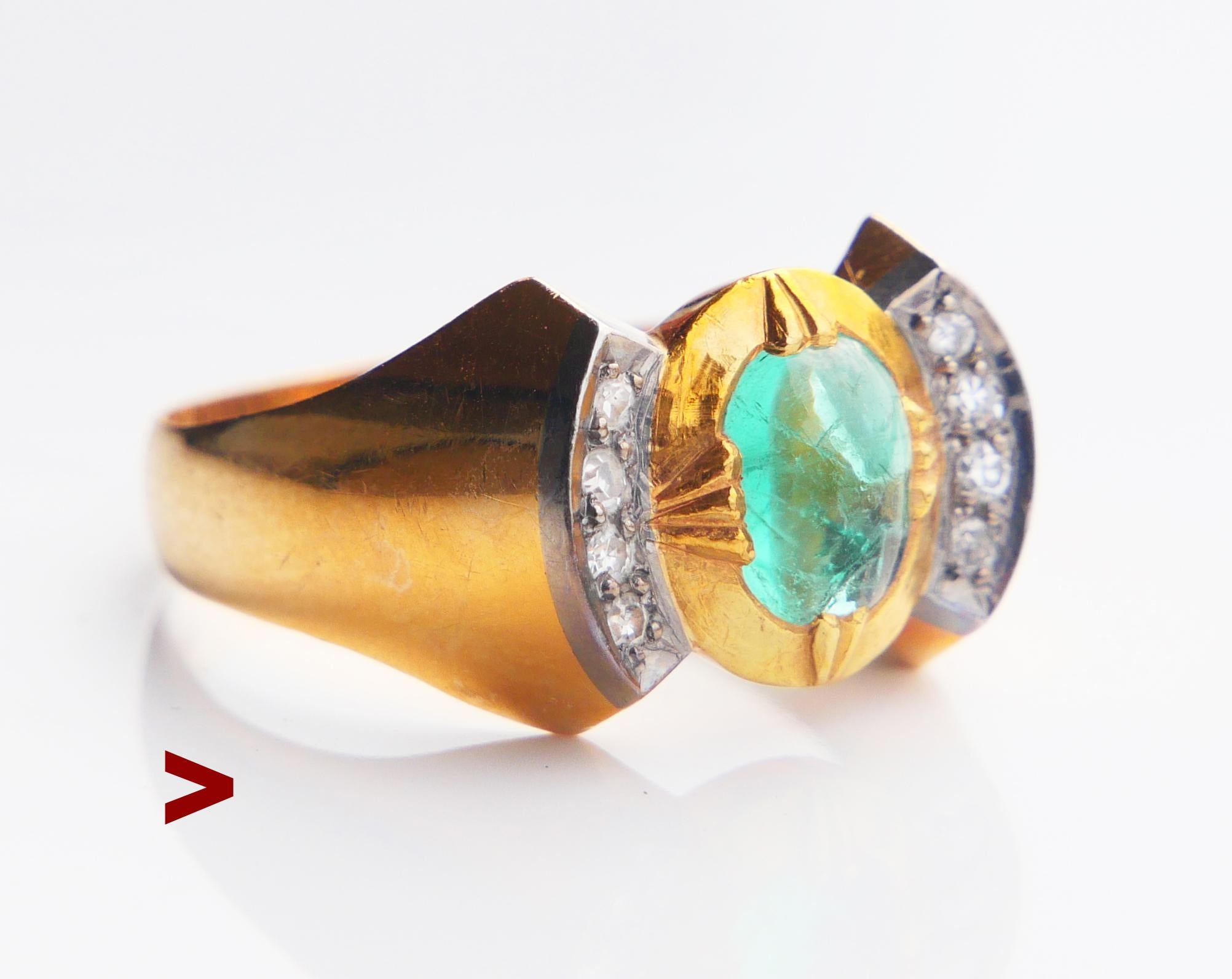 1956 Ring natural 1ct. Emerald 8 Diamonds solid 18K Ø 7.5US / 4.4 gr For Sale 1