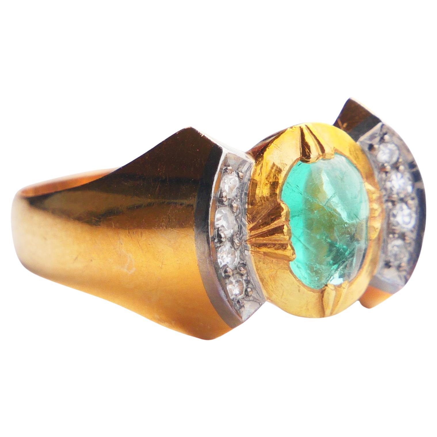 1956 Ring natural 1ct. Emerald 8 Diamonds solid 18K Ø 7.5US / 4.4 gr