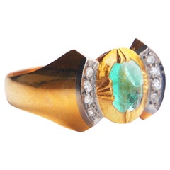 1956 Ring natural 1ct. Emerald 8 Diamonds solid 18K Ø 7.5US / 4.4 gr