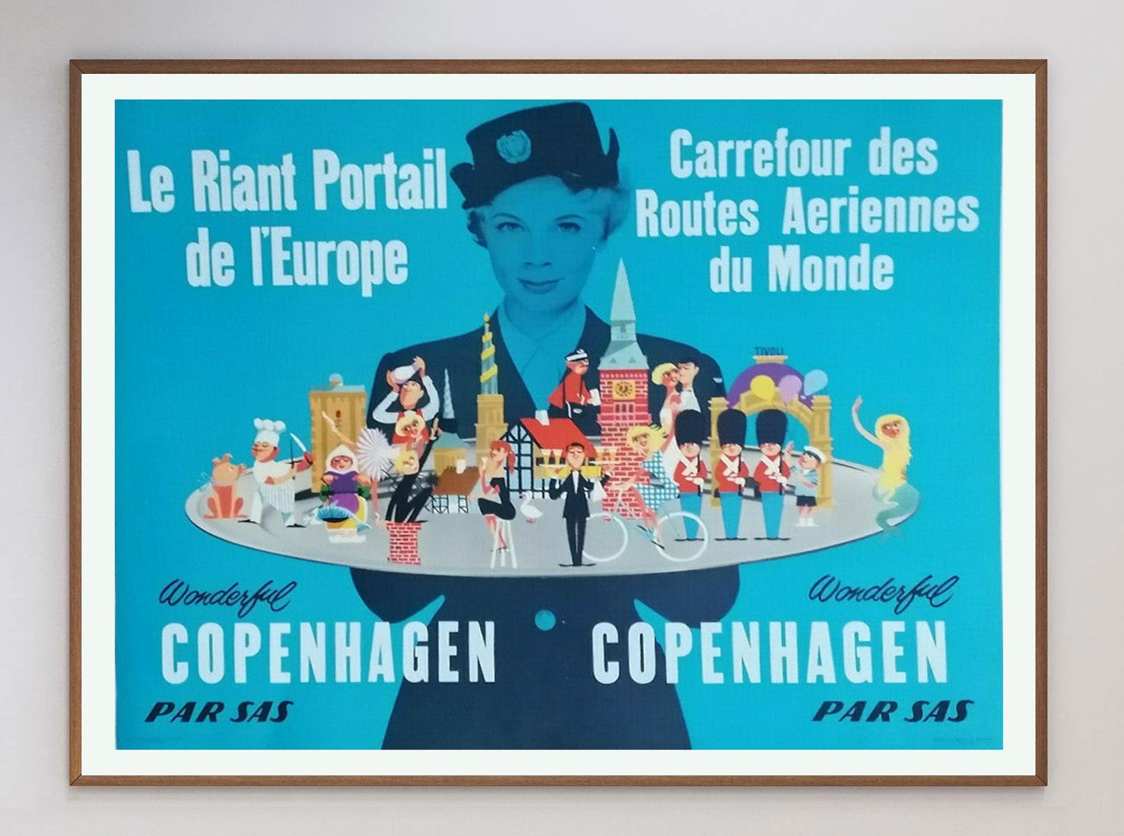 With vibrant colour and fun design, this stunning poster was created in 1956 by SAS Scandinavian Airlines to promote routes to Copenhagen, Denmark or 