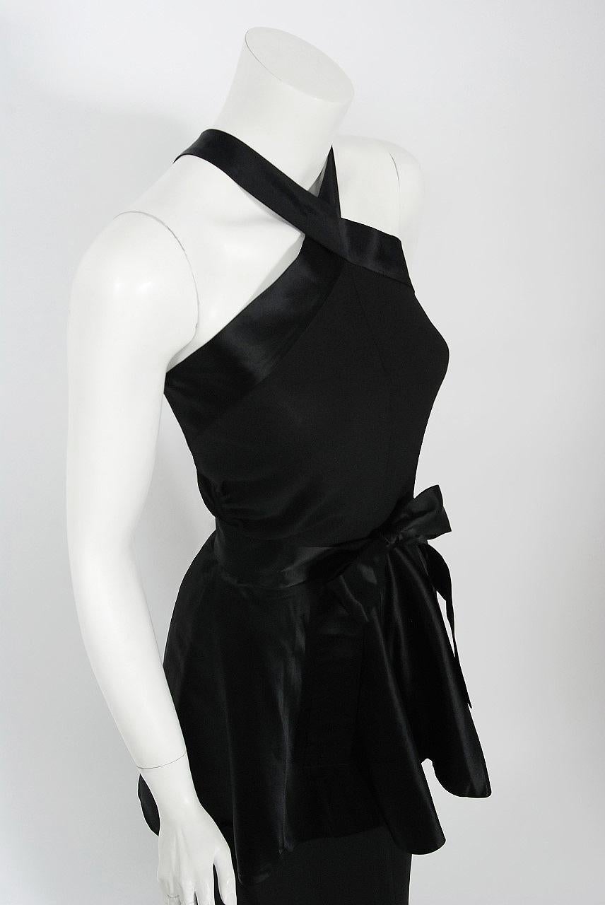 Vintage 1950's Traina-Norell Couture Black Silk Satin Sculpted Halter Gown In Good Condition In Beverly Hills, CA