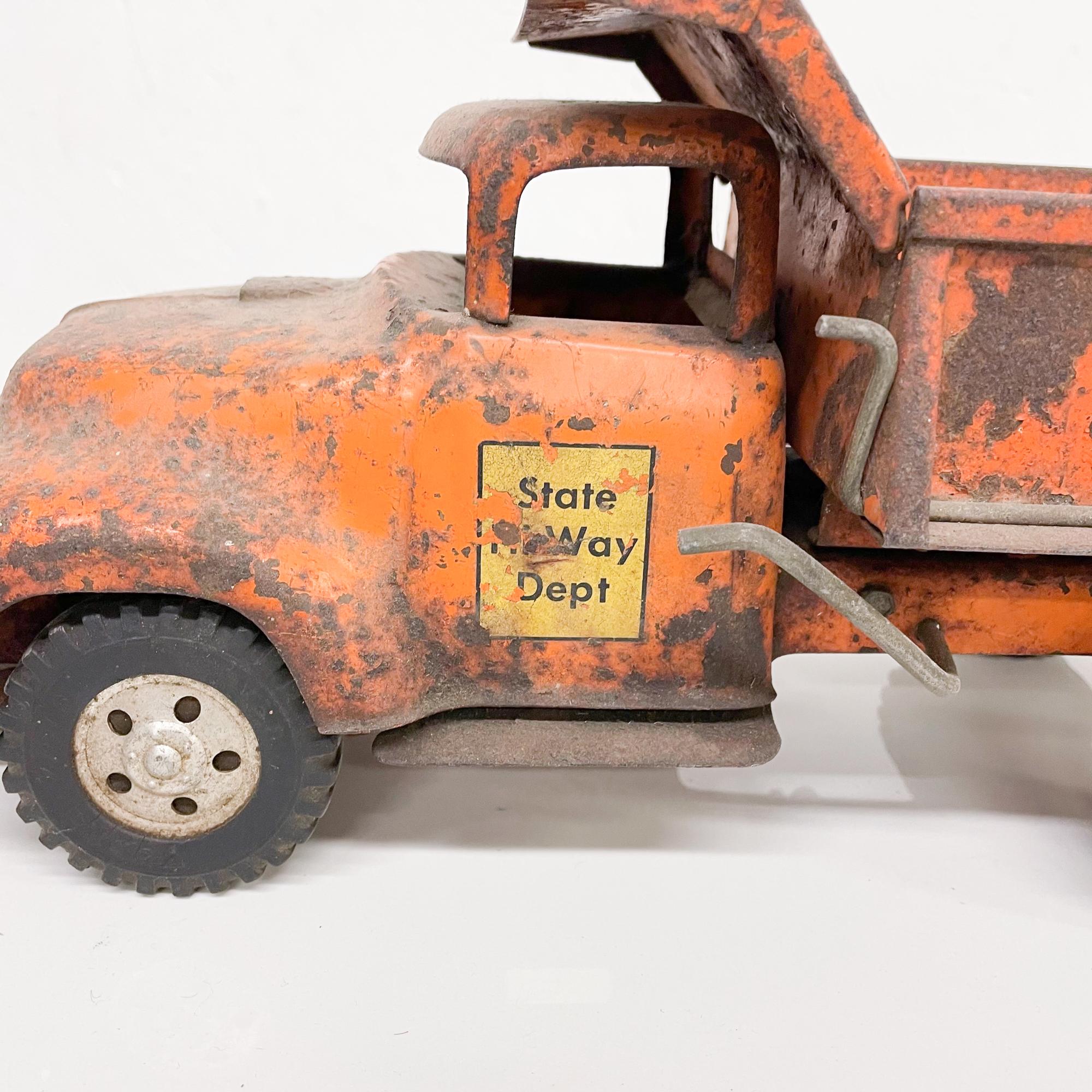 Mid-Century Modern 1956 Tonka Orange Toy Dump Truck State Hi-Way Construction on Big Rubber Tires