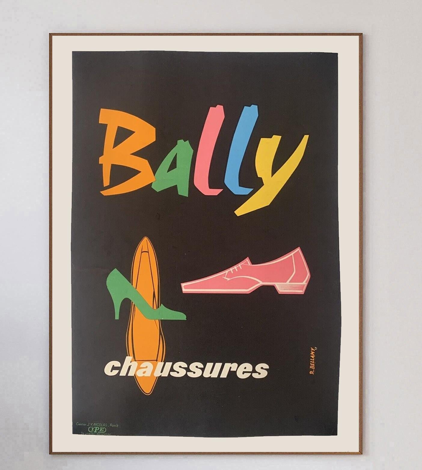 Beautiful mid century design by R. Bellamy for Bally. The luxury Swiss shoemaker famously collaborated with many poster artists in promotion of its brand through the 20th century.

This great 1957 design features several pairs of shoes in different