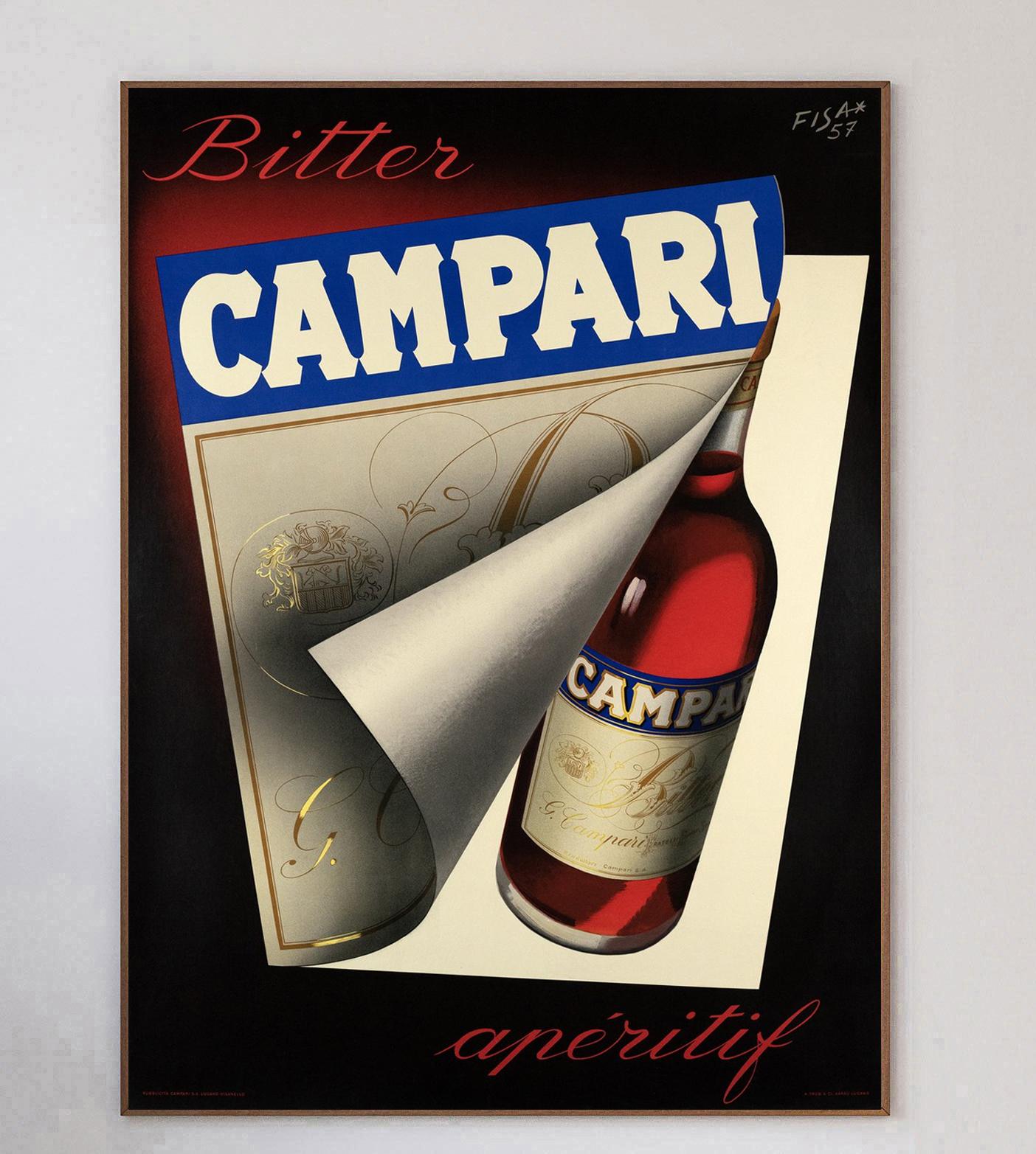 Campari was formed in 1860 by Gaspare Campari and the aperitif is as popular today as ever. His son, Davide Campari transformed the company in 1926 into what it is widely known for today. This gorgeous lithographic poster was created in 1957 with