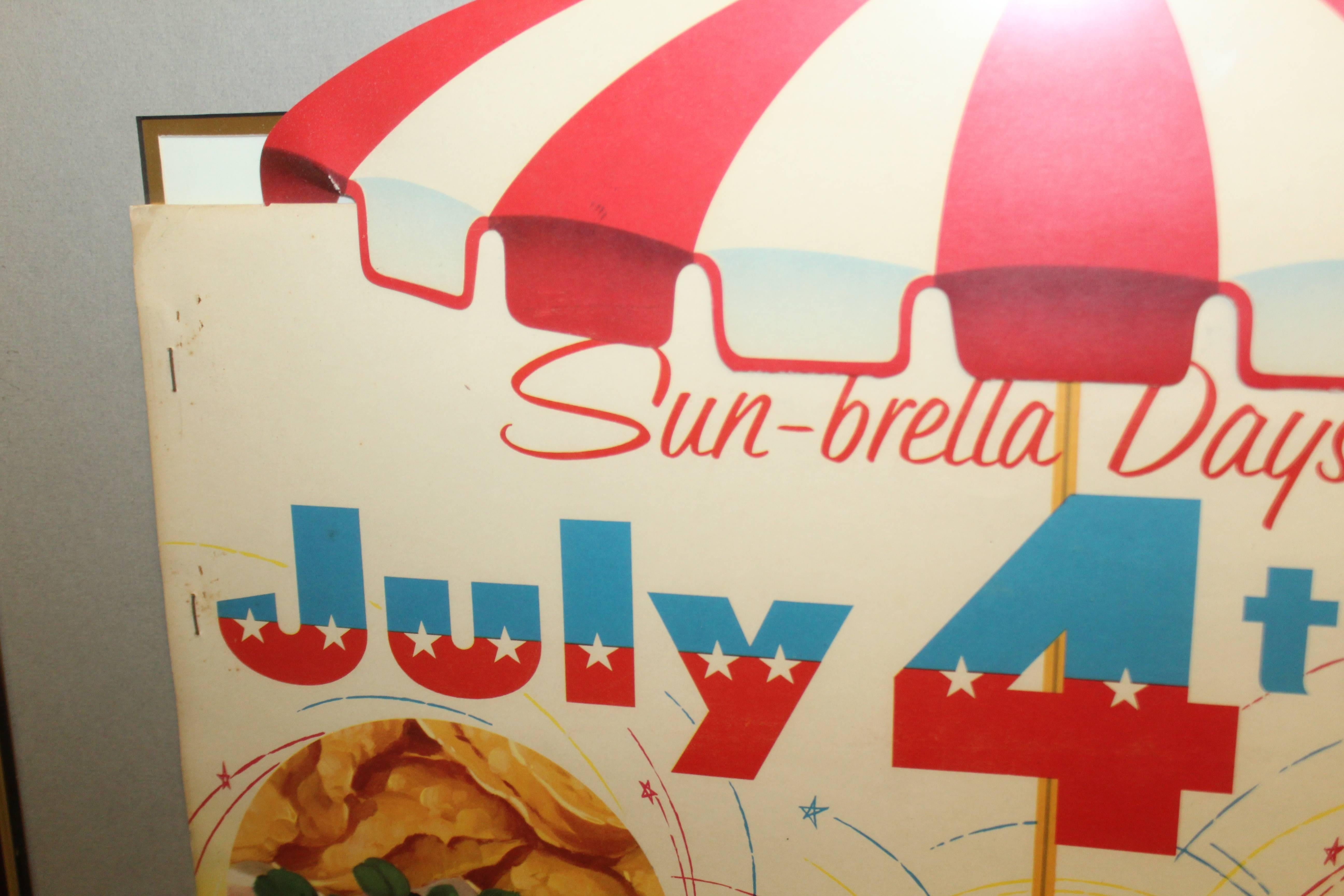 Just in time for 4th of July! This awesome 3D advertising was a simple way to show how coca cola advertised in most super markets. Colors are still vibrant and the umbrella gives the three-dimensional look to the sign.
