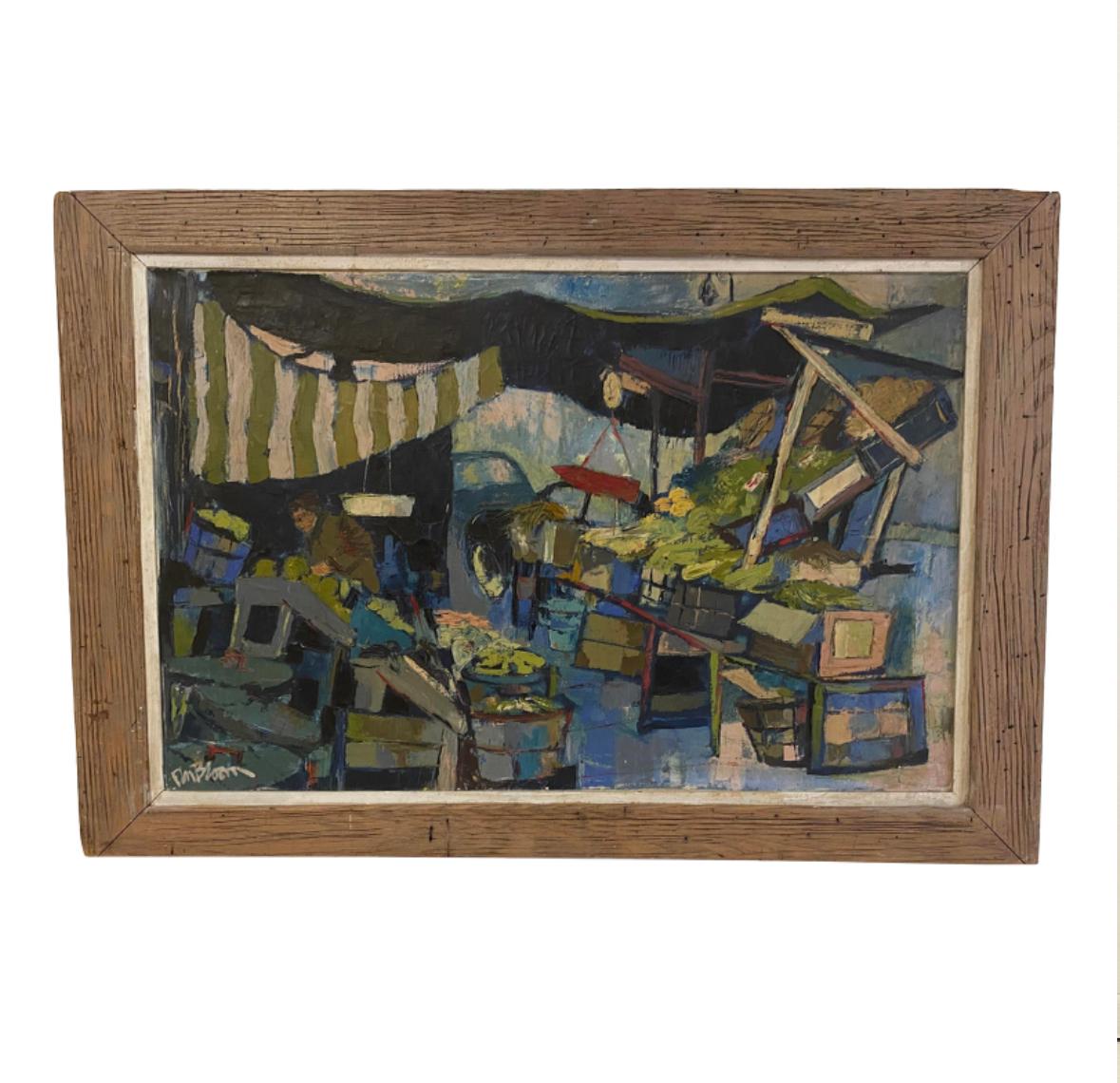 1957 Don Bloom Market Scene Modernistisches Original Ölgemälde auf Leinwand (Mitte des 20. Jahrhunderts) im Angebot