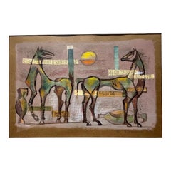 1957 E. Romano "Horse Collage" Gouache Mixed Media