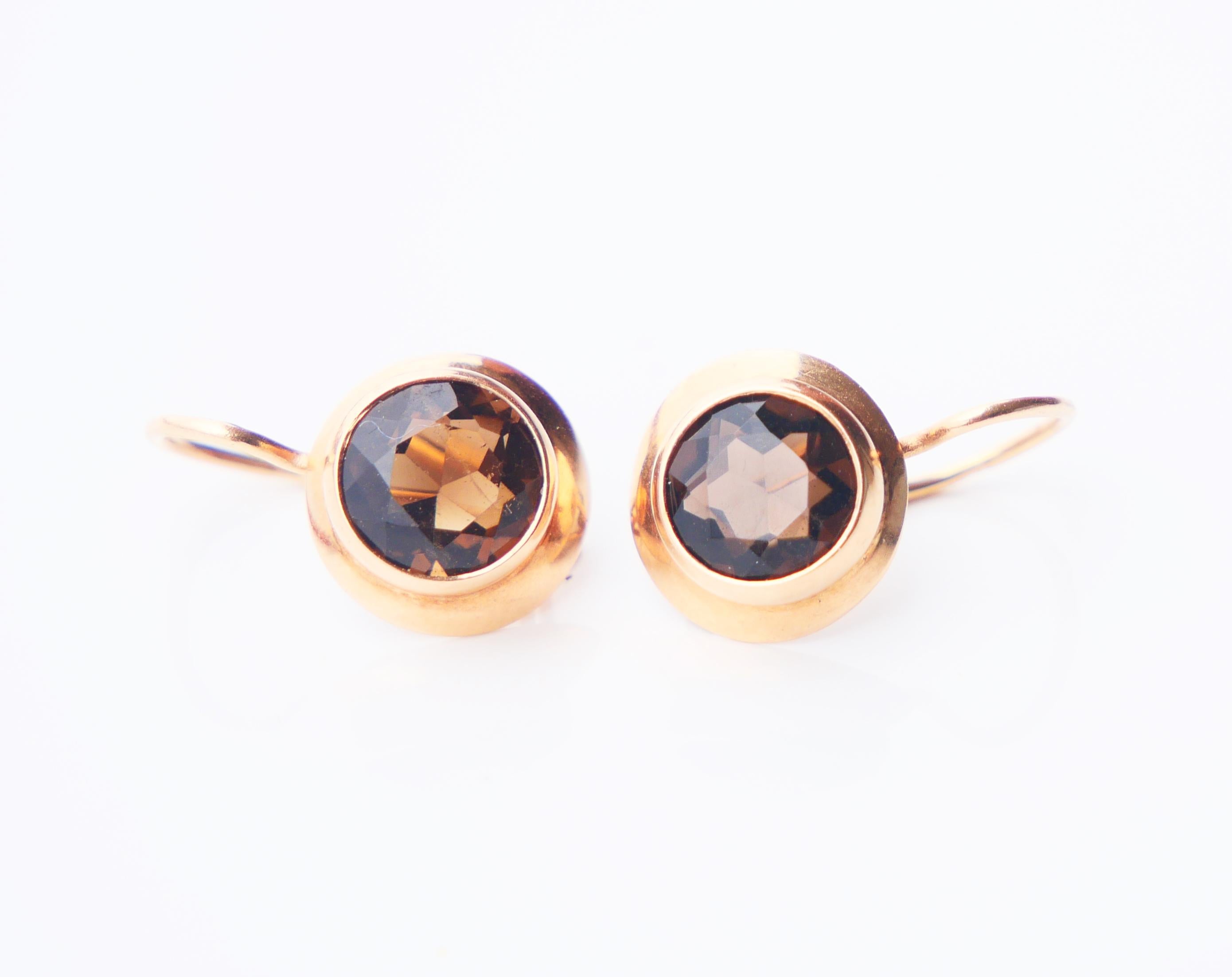 A pair of Vintage Finish 14K Earrings on secure hooks with bezel set natural old diamond cut  Greyish Brown Quartz settings. Transparent stones with minimal inclusions. Each measures 6 mm x 4.6 mm deep / about 1 ct each. Each earring is 15 mm