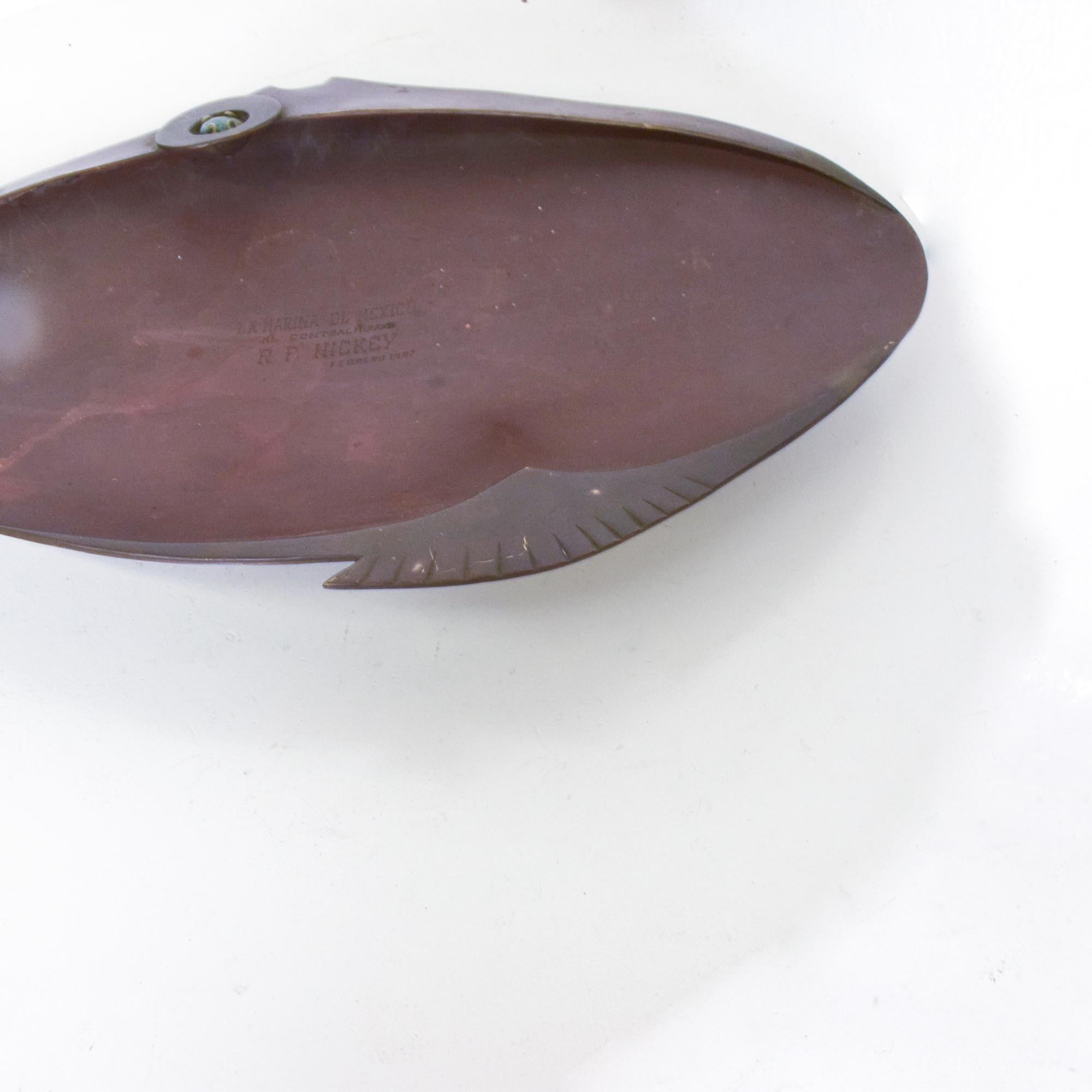 1957 Los Castillo Bronze Fish Shaped Bowl Mixed Metals Mexico For Sale 3