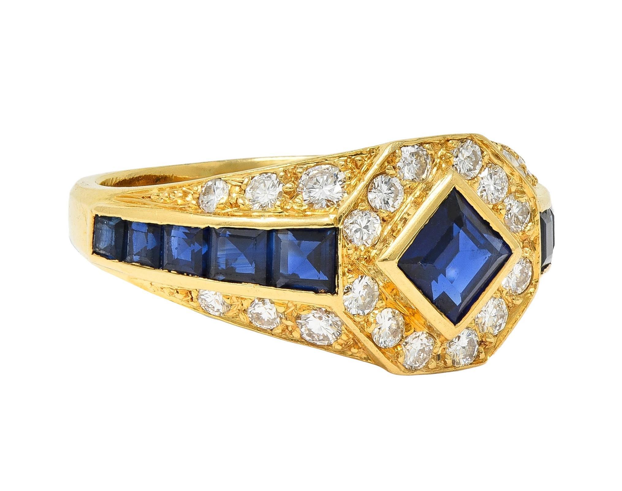 Round Cut 1957 French 2.52 CTW Sapphire Diamond 18 Karat Yellow Gold Vintage Halo Ring
