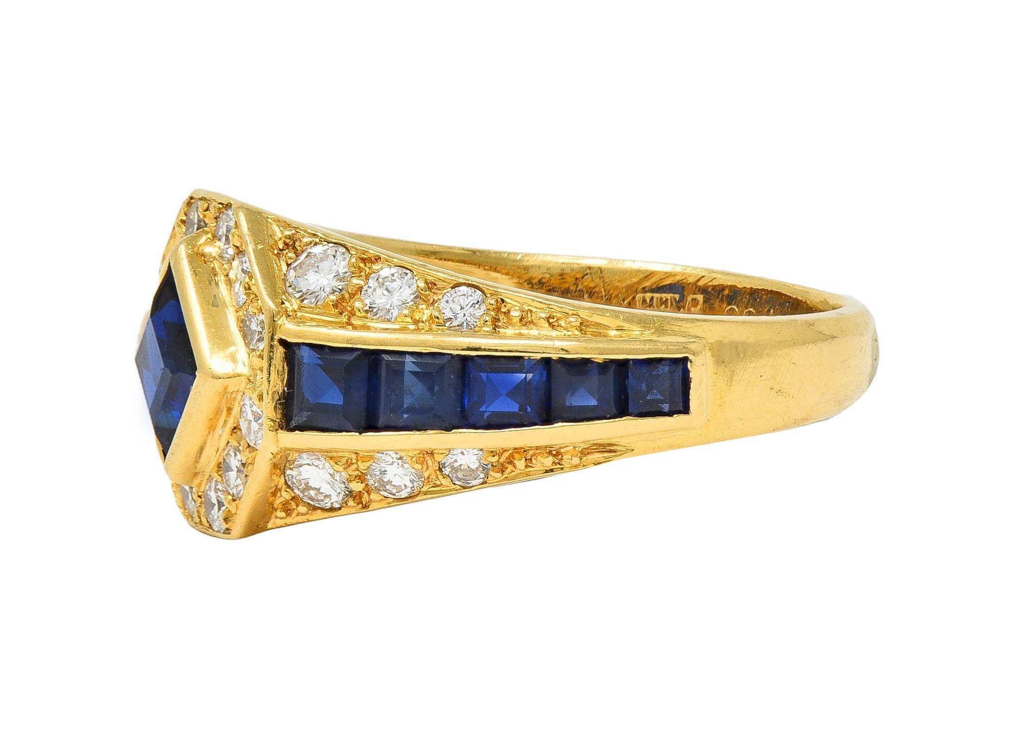 1957 French 2.52 CTW Sapphire Diamond 18 Karat Yellow Gold Vintage Halo Ring 2