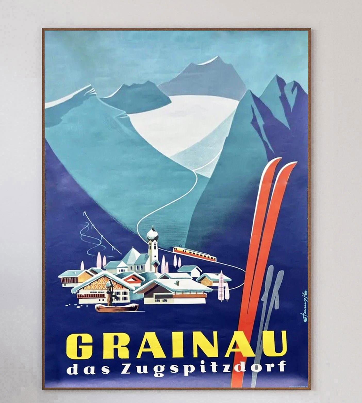 Schönes lebendiges Plakat aus dem Jahr 1957, das für den Skiort Grainau in Bayern in Deutschland wirbt. Am Fuße der Zugspitze gelegen, ist es als 