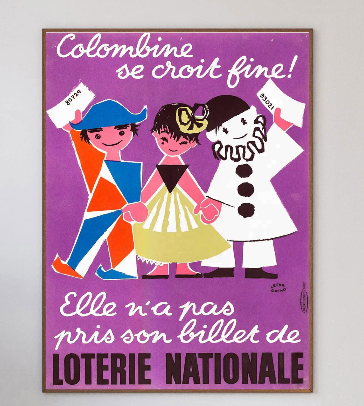 Dieses schöne und farbenfrohe Plakat stammt aus dem Jahr 1957 und wirbt für die Loterie Nationale (französische Nationallotterie). Das Plakat mit der Aufschrift 