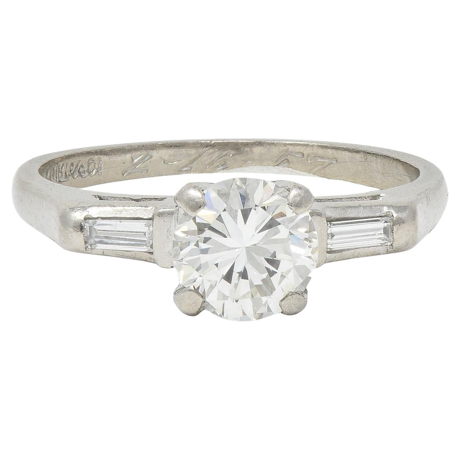 1957 Mid-Century 1.10 CTW Diamond Platinum Three Stone Vintage Engagement Ring
