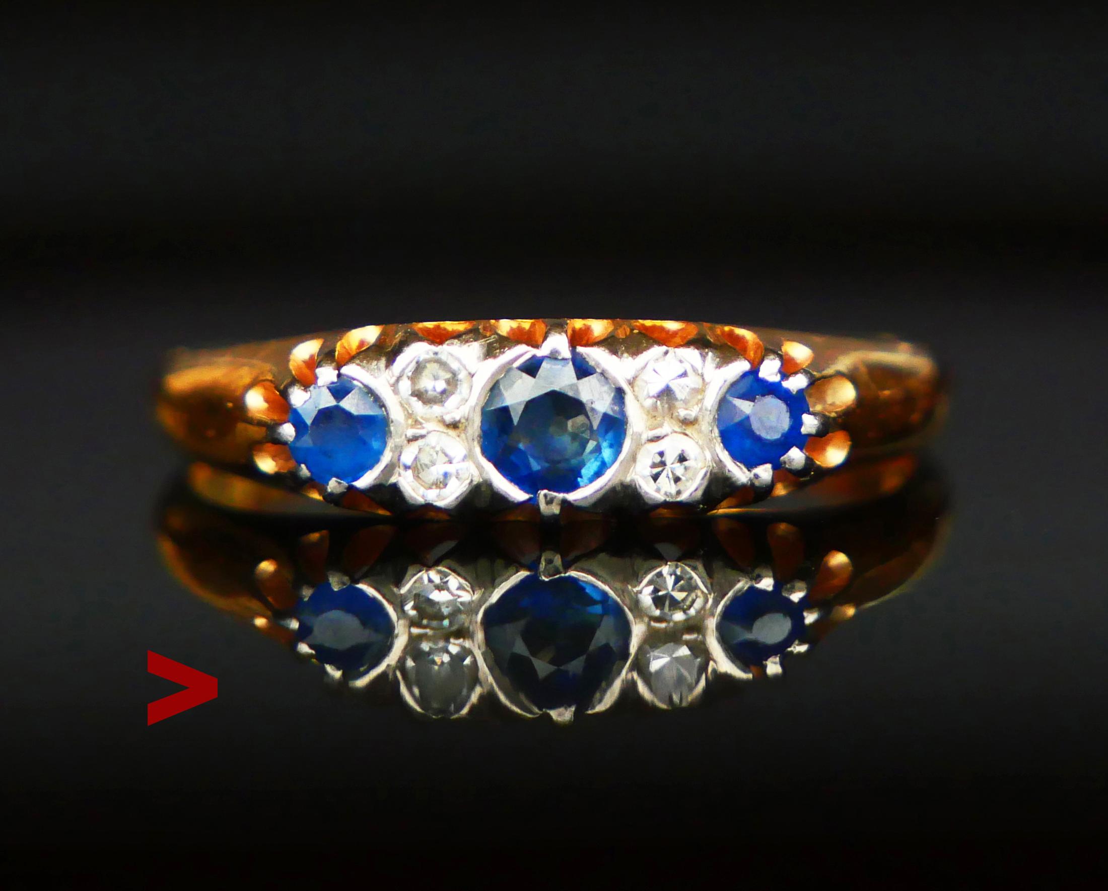 67 Years old Classic Cluster Ring in solid 18K Yellow Gold and Platinum decorated with three natural Light / Medium Blue Sapphires and Diamonds of old European Diamond cut.. Set of Swedish hallmarks, 18K, year combo G9 / hand -made in 1957.

Crown :