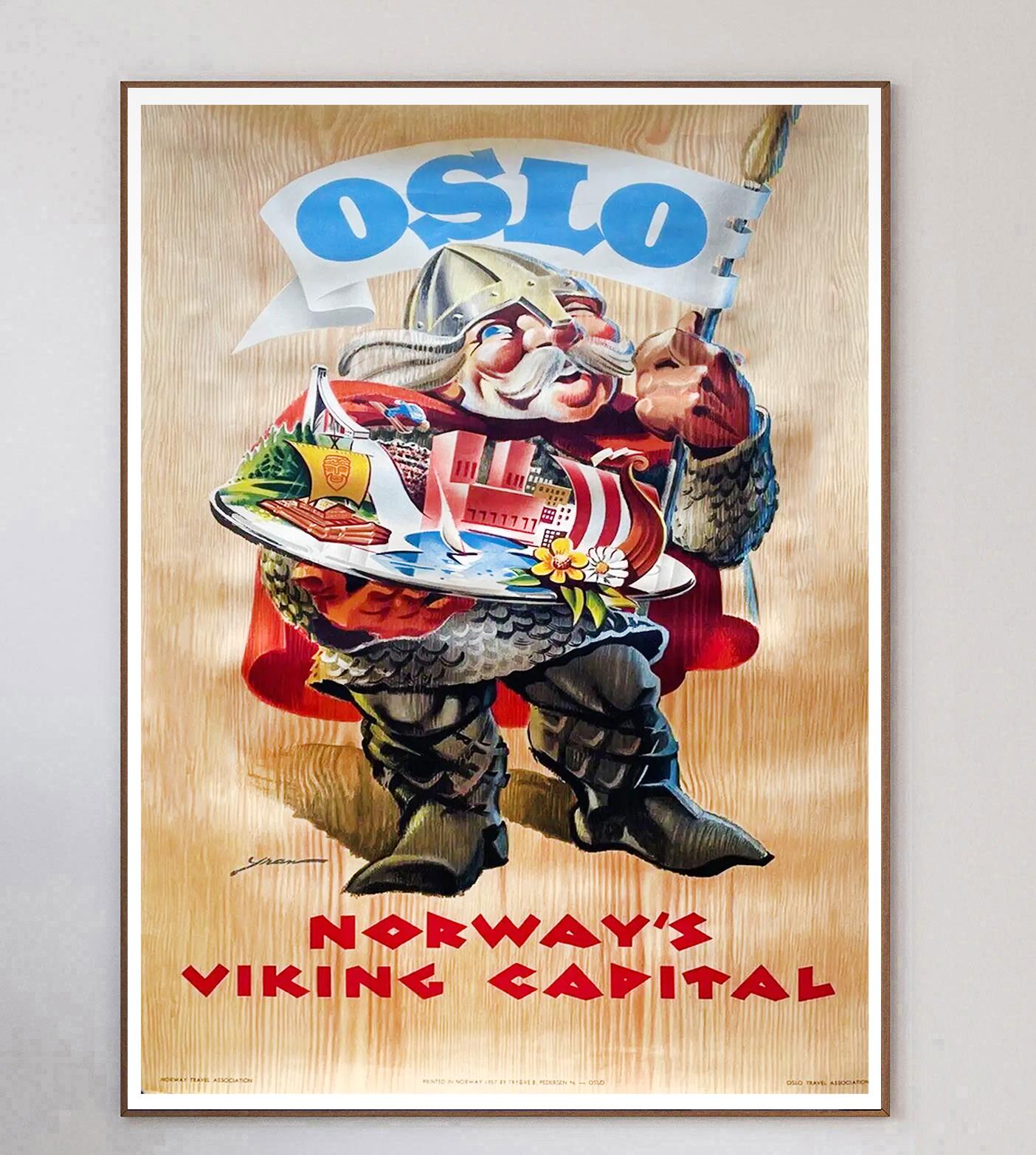 Depicting a happy viking holding some of the cities key landmarks, this poster was created in 1957 to promote tourism to Olso, the capital of Norway. Reading 