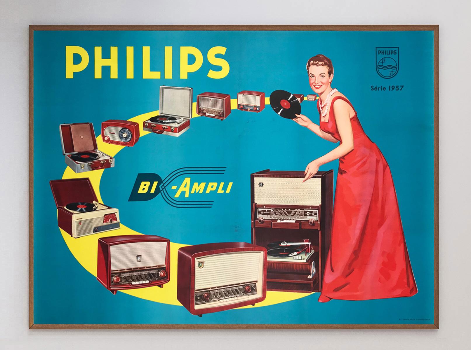 Merveilleuse et charmante affiche pour la marque d'électronique néerlandaise Philips. Fondée en 1891, Philips a été l'une des plus grandes marques d'électronique au Royaume-Uni et poursuit ses activités aujourd'hui, en se concentrant sur les