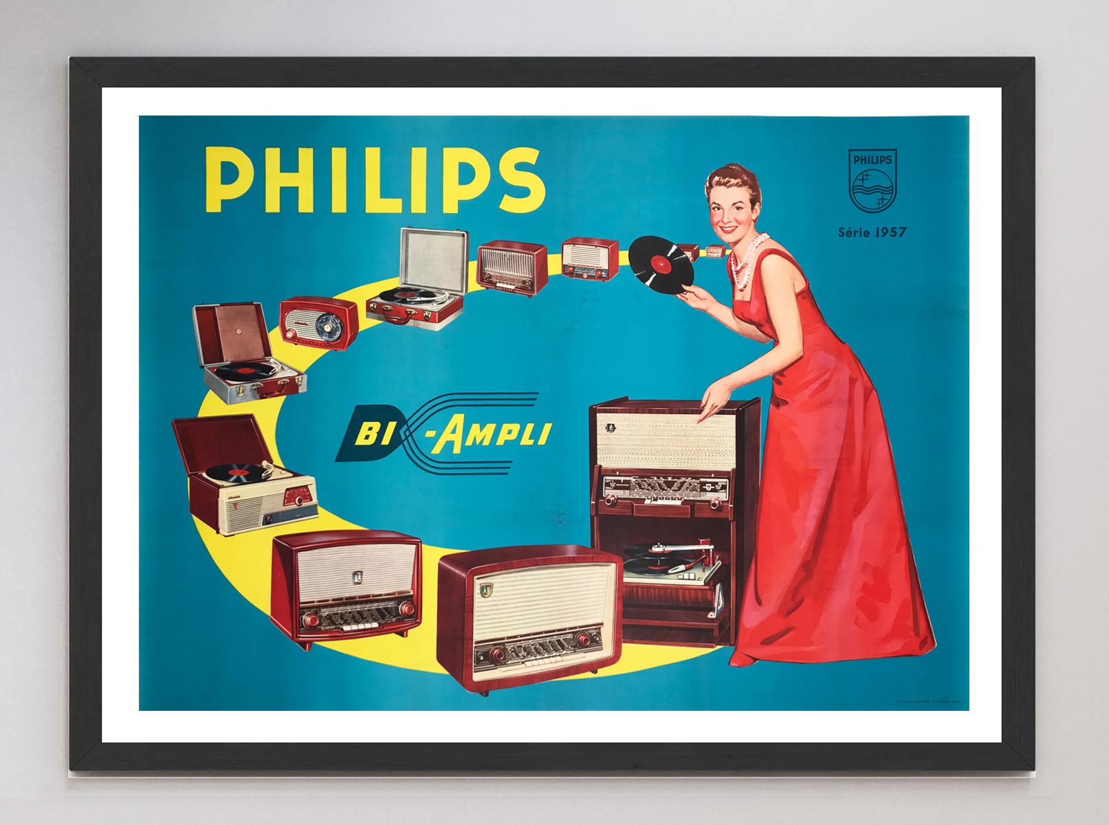 1957 Philips - Bi-Ampli Radio Original Vintage Poster In Good Condition For Sale In Winchester, GB