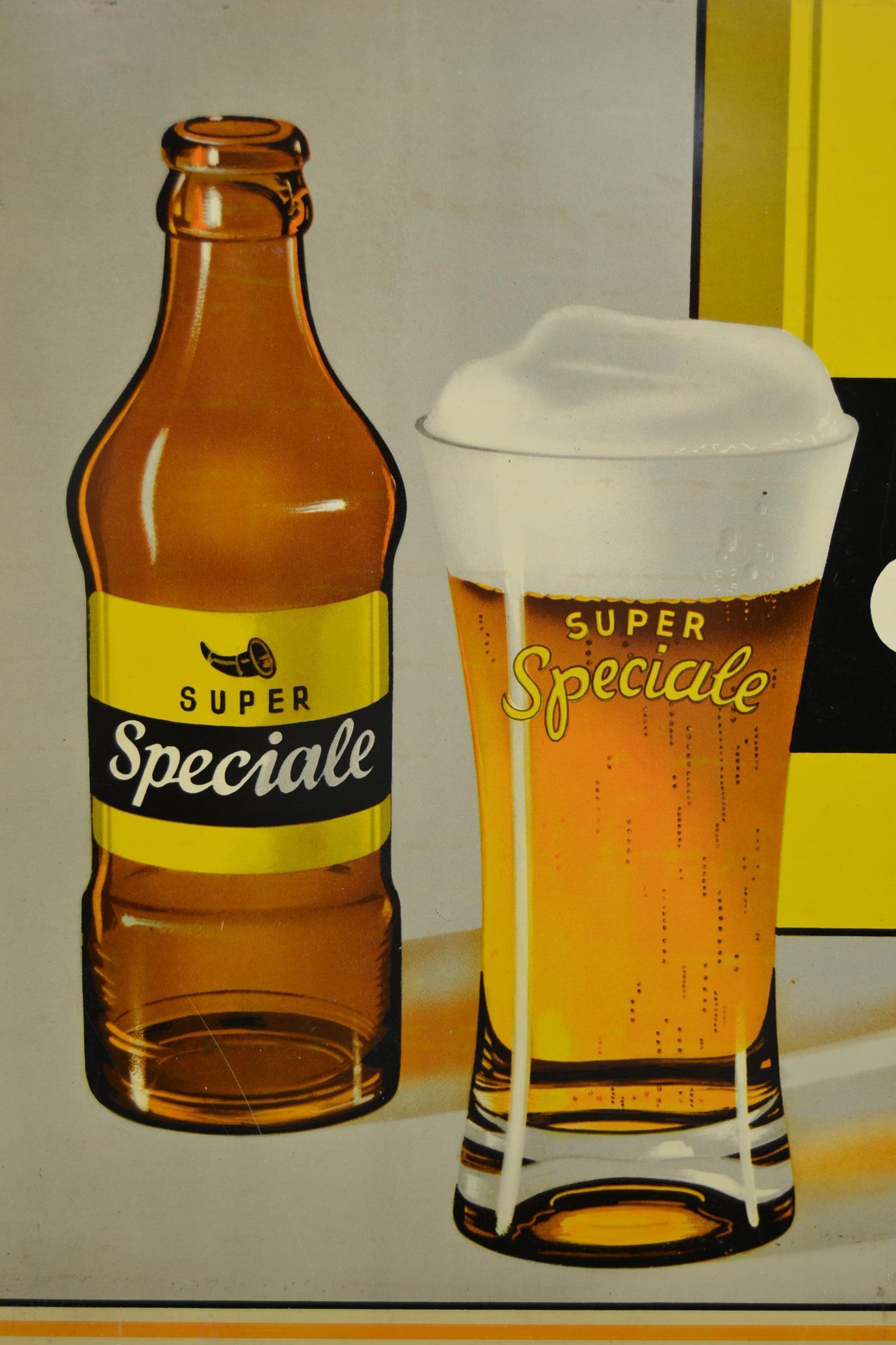 Vintage tin on cardboard mounted advertising sign for beer of Belgium.
This Belgian beer sign for the ' Super Speciale ' has a great Lithografic design with a beer bottle, a beer glass and a horn and black and yellow colors.
The sign is Designed