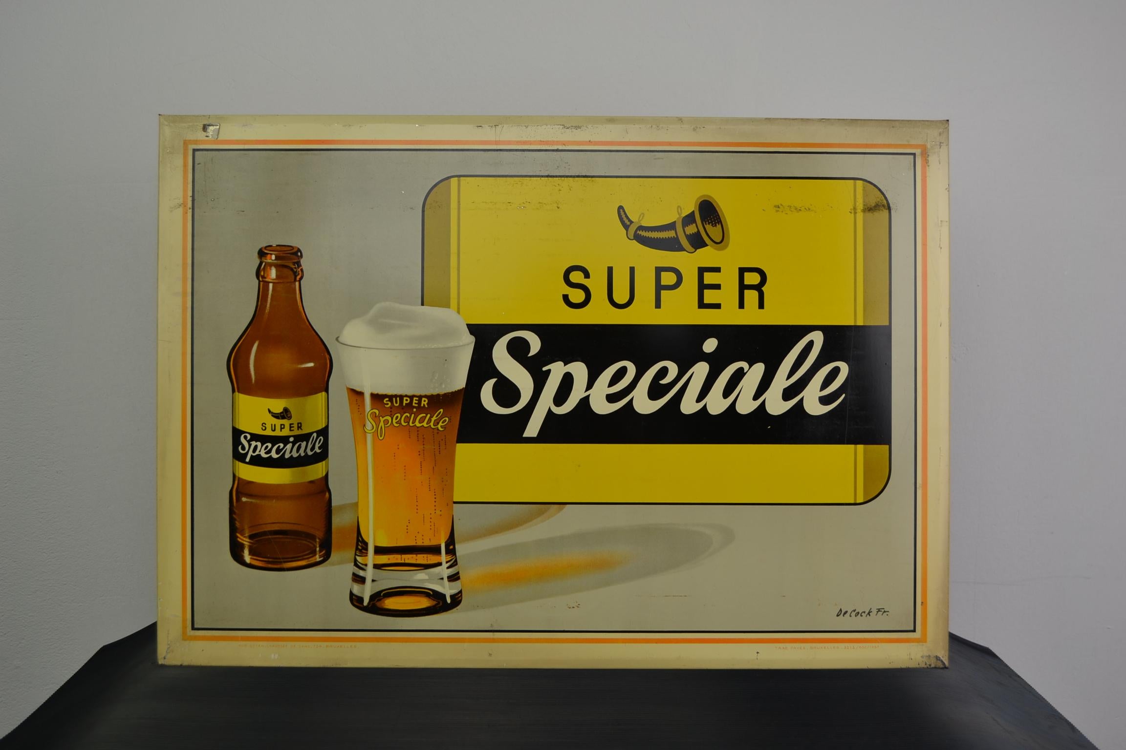 Mid-Century Modern 1957 Tin Advertising Sign for Belgian Beer, Super Speciale