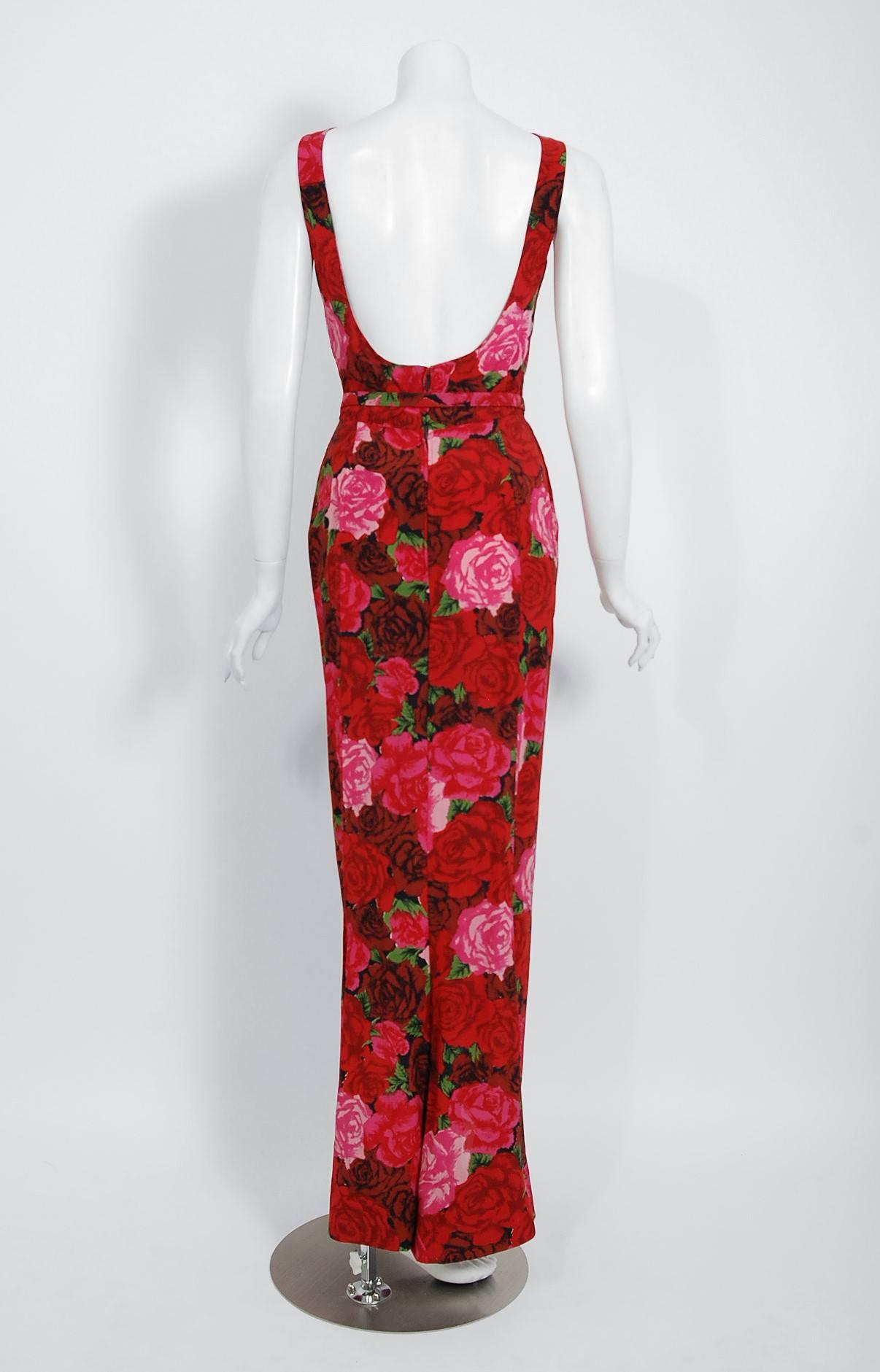 Women's Vintage 1957 Traina Norell Red and Pink Rose Garden Floral Silk Backless Gown