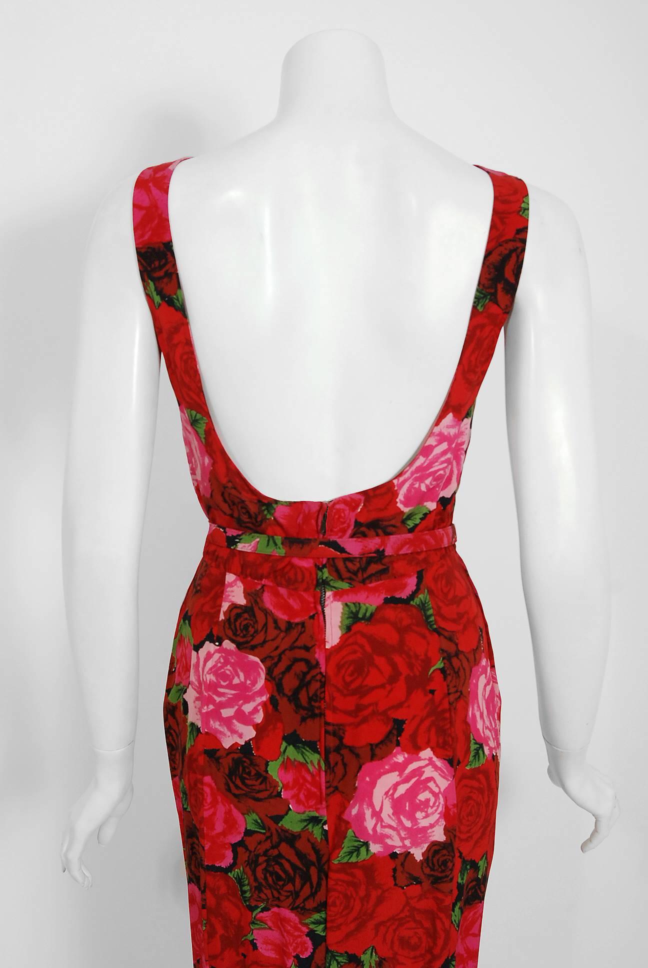 Vintage 1957 Traina Norell Red and Pink Rose Garden Floral Silk Backless Gown 1