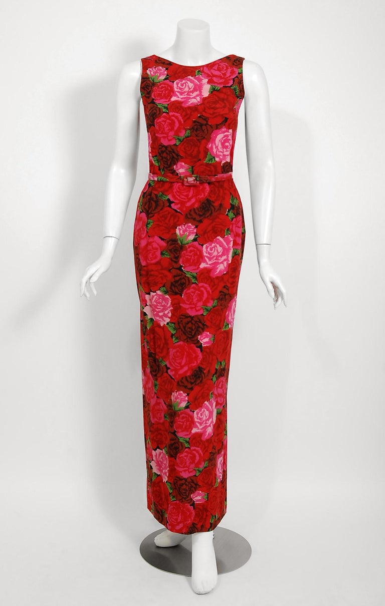 1957 Traina Norell Red And Pink Rose Garden Floral Silk Belted