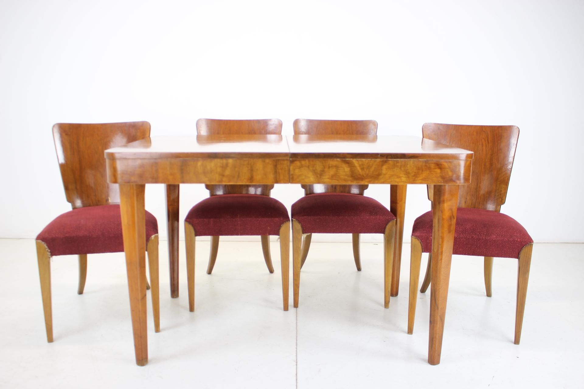 - production date 1957, Walnut dining set by Jindrich Halabala, Czech
- good original condition
- seat height 48 cm
- made of fabric and wood
- wooden parts show signs of use.
- the fabric shows signs of use
- table dimensions: height 76 cm,