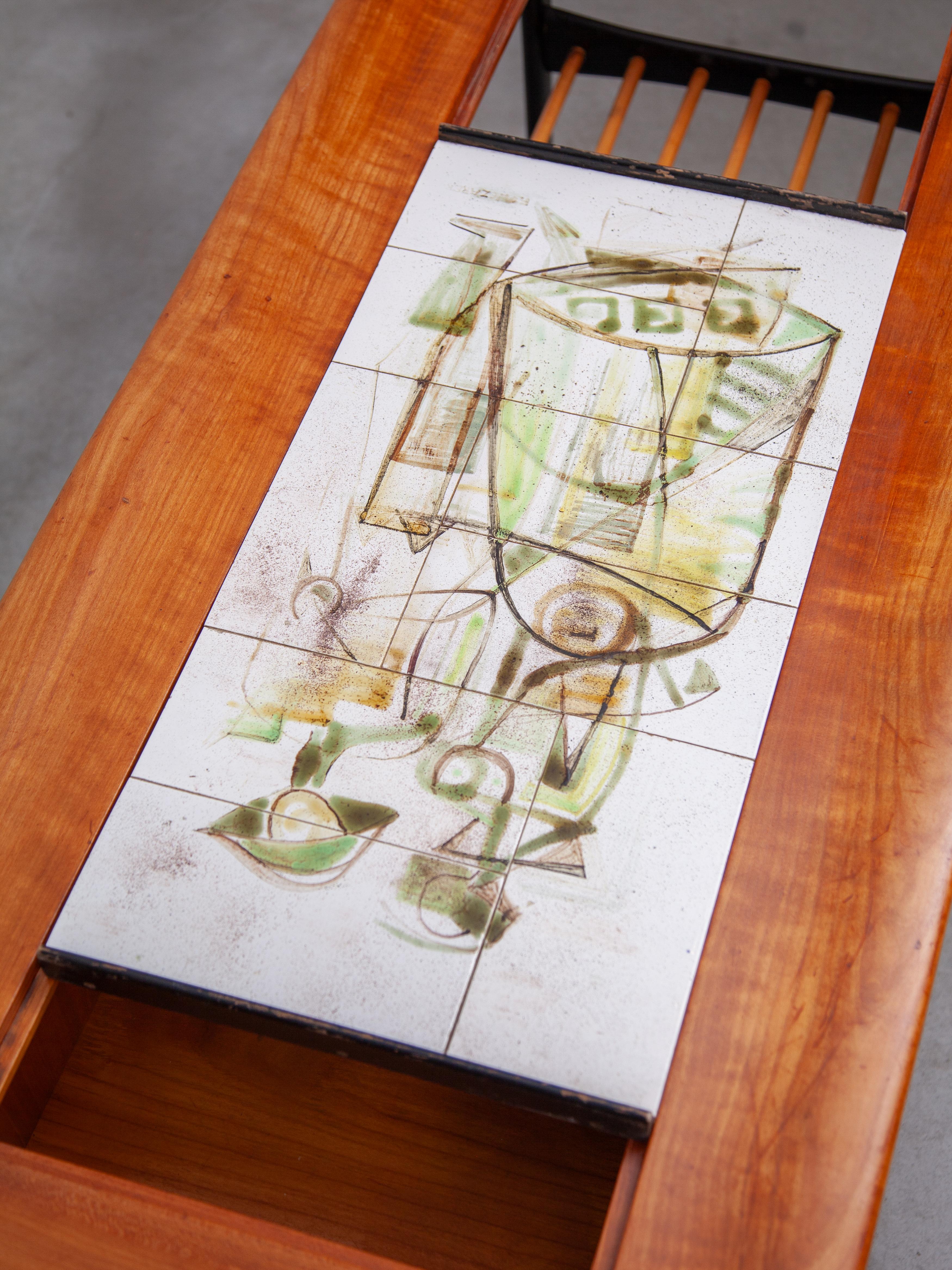 1958 Alfred Hendricks Coffee-Bar Table with Figurative Tiles Tray For Sale 2
