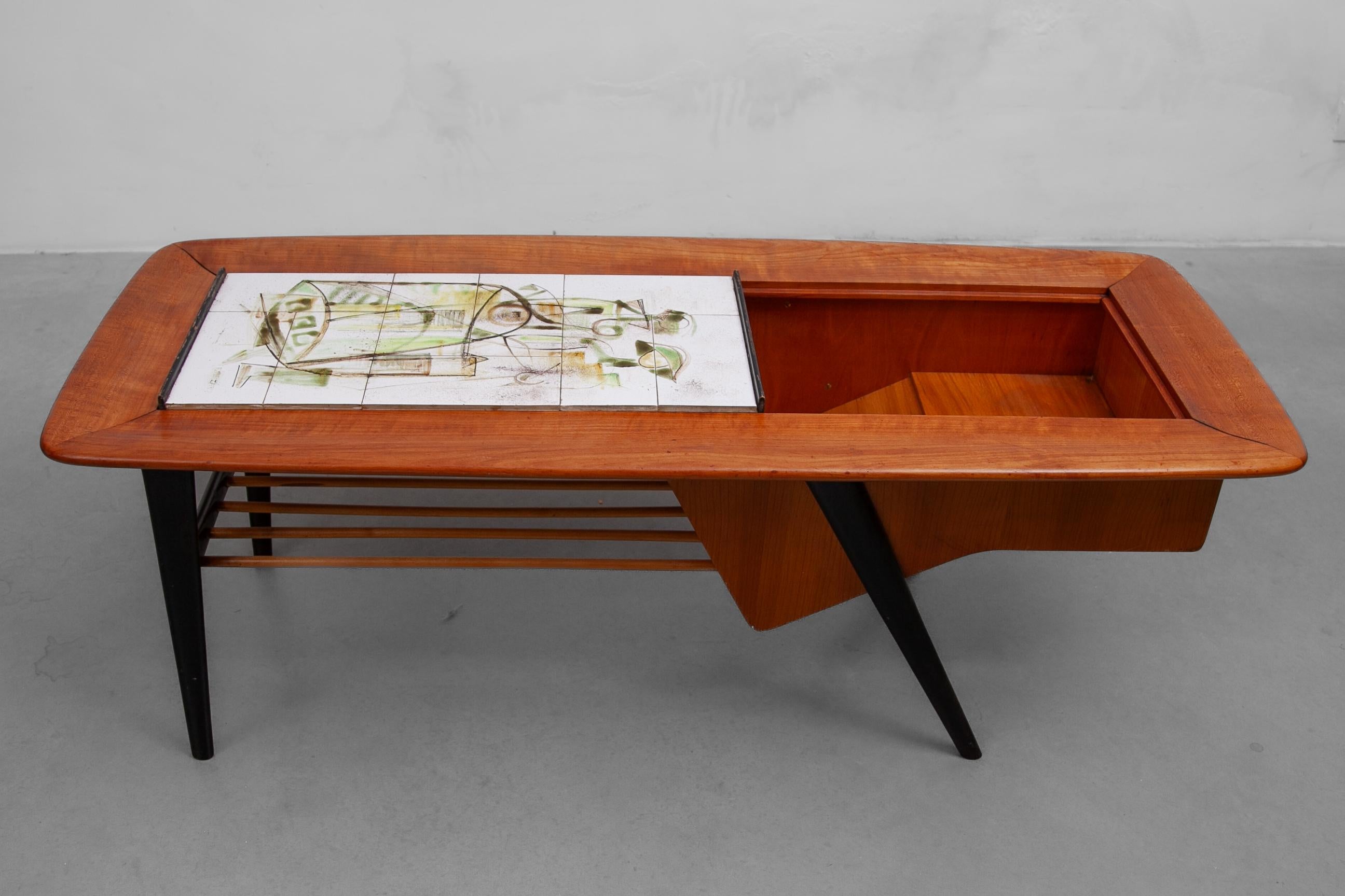 Mid-Century Modern 1958 Alfred Hendricks Coffee-Bar Table with Figurative Tiles Tray For Sale