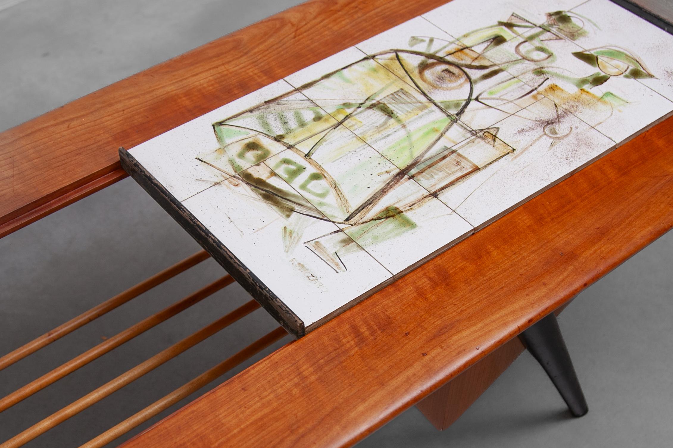 Belgian 1958 Alfred Hendricks Coffee-Bar Table with Figurative Tiles Tray For Sale