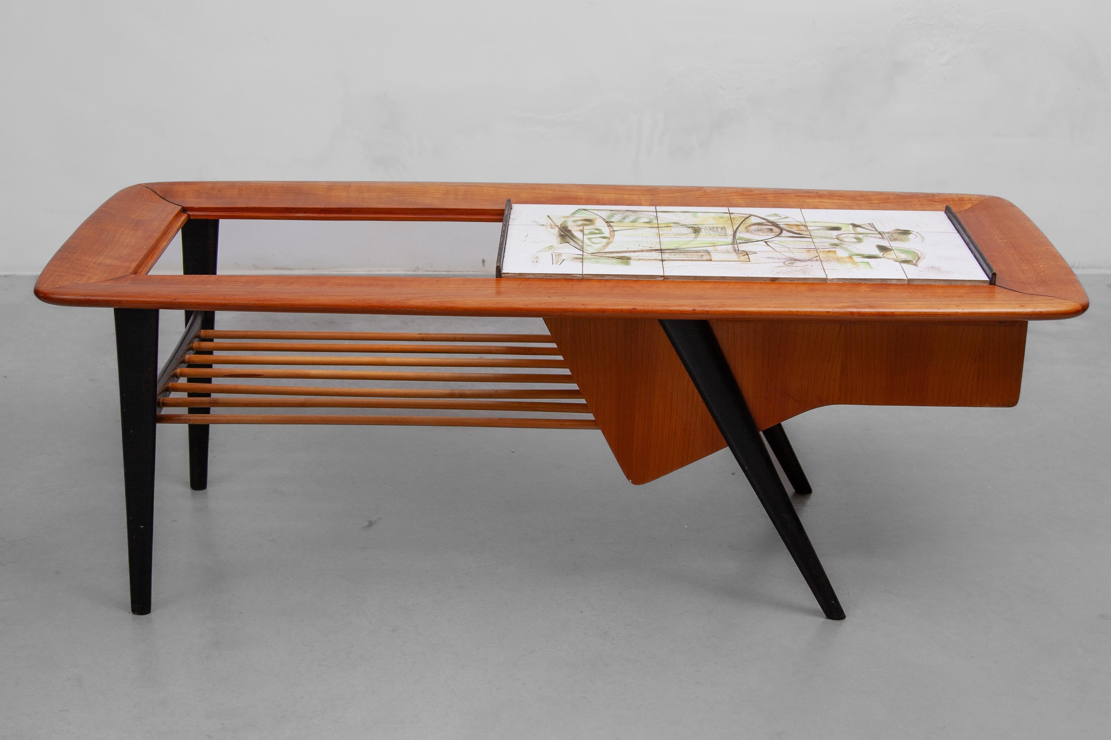 Hand-Crafted 1958 Alfred Hendricks Coffee-Bar Table with Figurative Tiles Tray For Sale