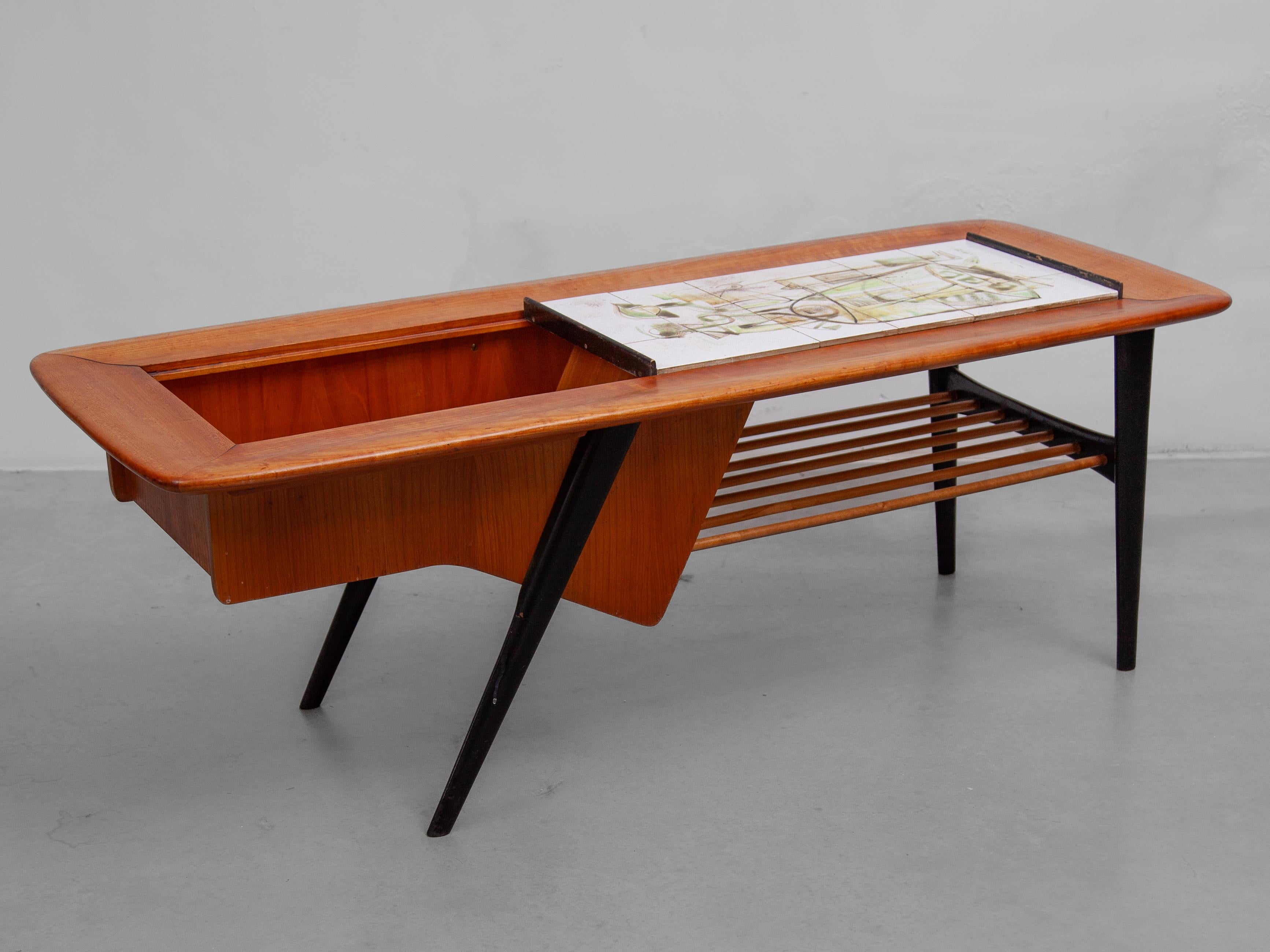 Ceramic 1958 Alfred Hendricks Coffee-Bar Table with Figurative Tiles Tray For Sale