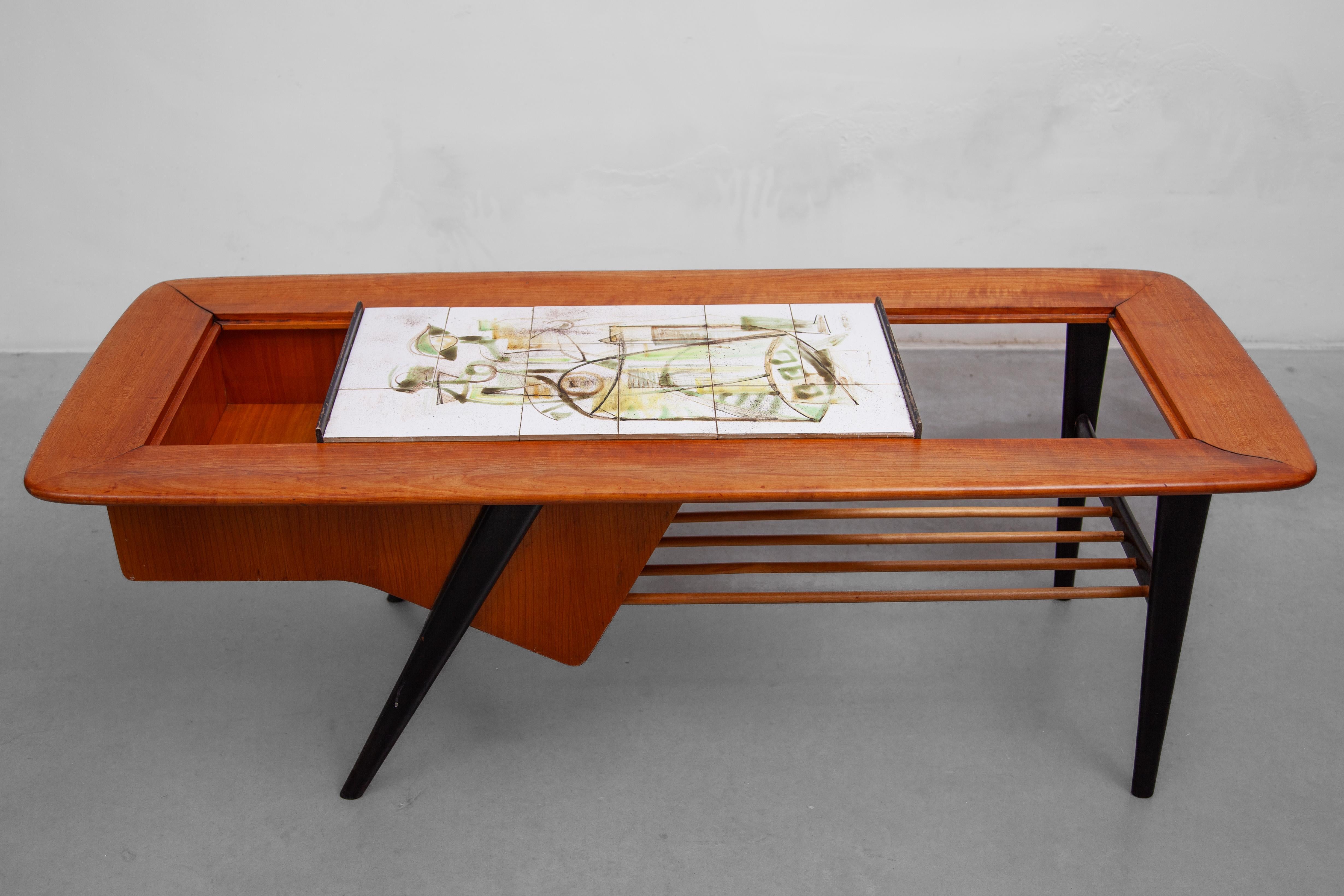1958 Alfred Hendricks Coffee-Bar Table with Figurative Tiles Tray For Sale 1
