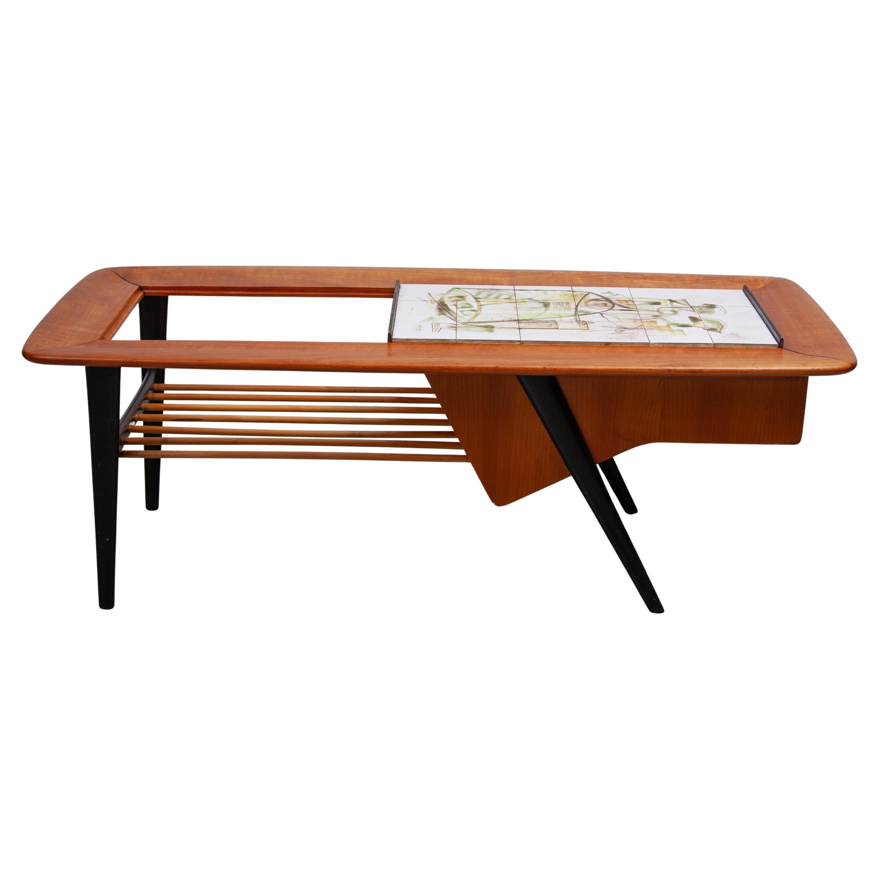 1958 Alfred Hendricks Coffee-Bar Table with Figurative Tiles Tray For Sale