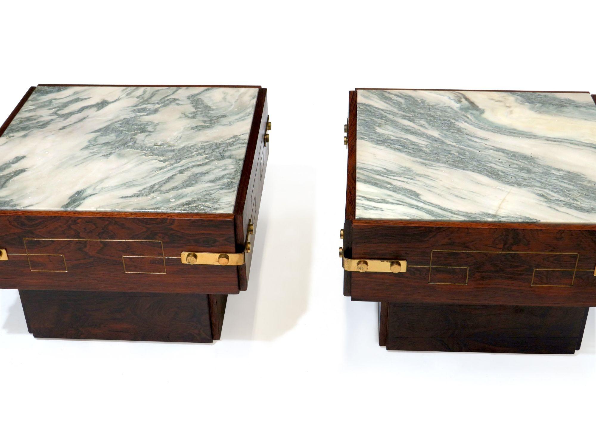 1958 Brazilian Rosewood Side Tables with Marble and Brass For Sale 1
